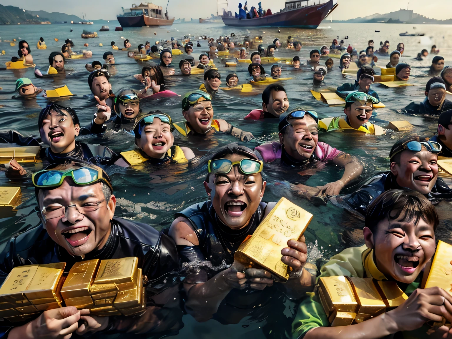 people in the water with gold bars in their hands, by Wang Jian, winner of the year's best photo, impressive winning photo, pulitzer prize winning photo, award winning candid photography, viral photo, award-winning picture, award-winning photo!!!!, by Li Zai, image credit nat geo, prize winning photo, winning photo, winning photo of the year, artist unknown