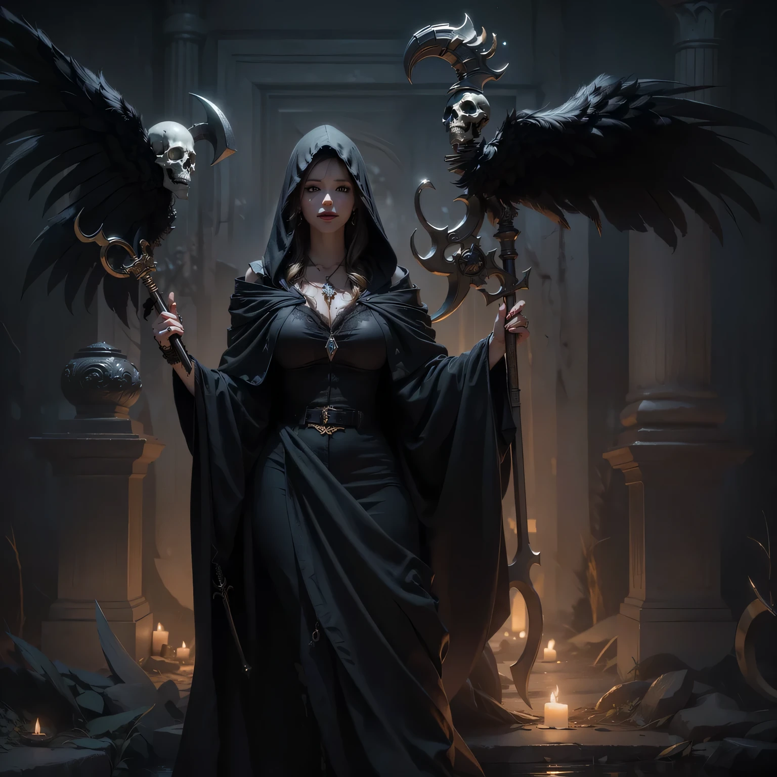 Fine matte painting, skeleton dark angel big wings haunted castle on drawing table full of knives, horror, spookiness, scary, secret horror, tentacles, vines, eyes, uncanny valley effect teeth, limbs, animals, blood moon