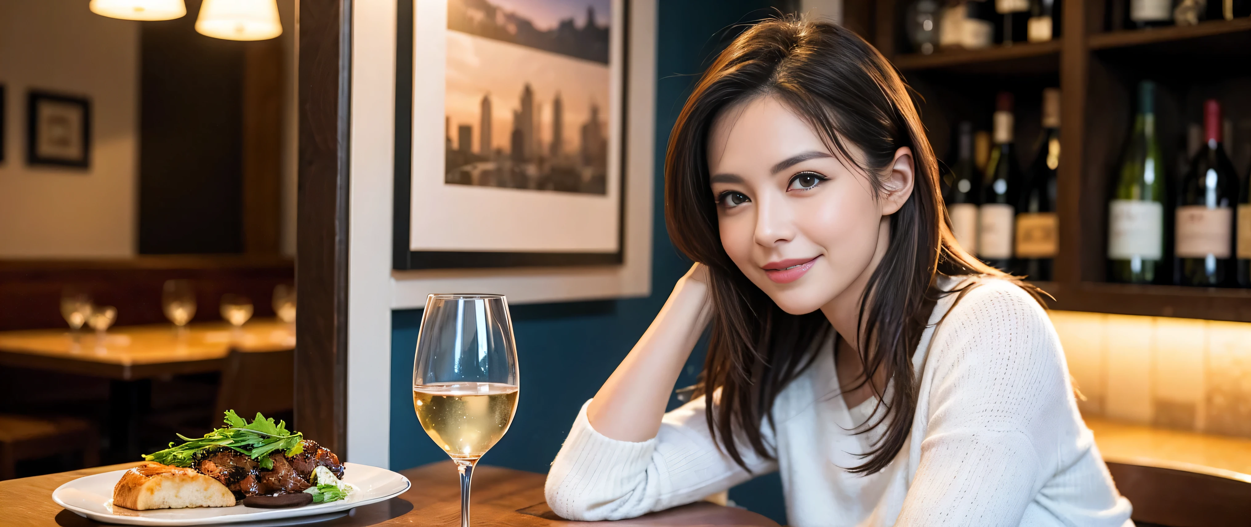 ((highest quality、8k、masterpiece:1.3))、Beautiful woman perfect body:1.4、Slim body、((Bob Hale、Straight hair:1.2))、 Ultra-high resolution, Bright image、2. The beauty of wine, Beautiful Face, blue eyes, Beautiful Eyes, The light shines on your face, Blushing your nose, short hair,Spectacular view of the sunset sky and clouds、Amazing mountain views、A bright smile、A lovely woman with a smile、Bright Face、Fox face、Lady、Champagne、Wine bottle、wine glass、red wine 、Appetizer、Italian food、Two beauties、brown hair、Shortcuts、Long sleeve shirt、Winter Fashion、dress、Wine bottle、sparkling wine、Pretty Woman 1, (slim face), (brown hair), (Shortcuts), cheeks turn a little red, (42 years old), 39 years old, charming beauty、restaurant, nova frog style, actress, model, Upper Body, White wine, slim, wine glass, wine glass placed in the middle, smile, (smile: 1.15), Beautiful Eyes, Strong light and shadow,Moist Body:1.5、Delicate eyes、brown hair、The hair is very shiny、