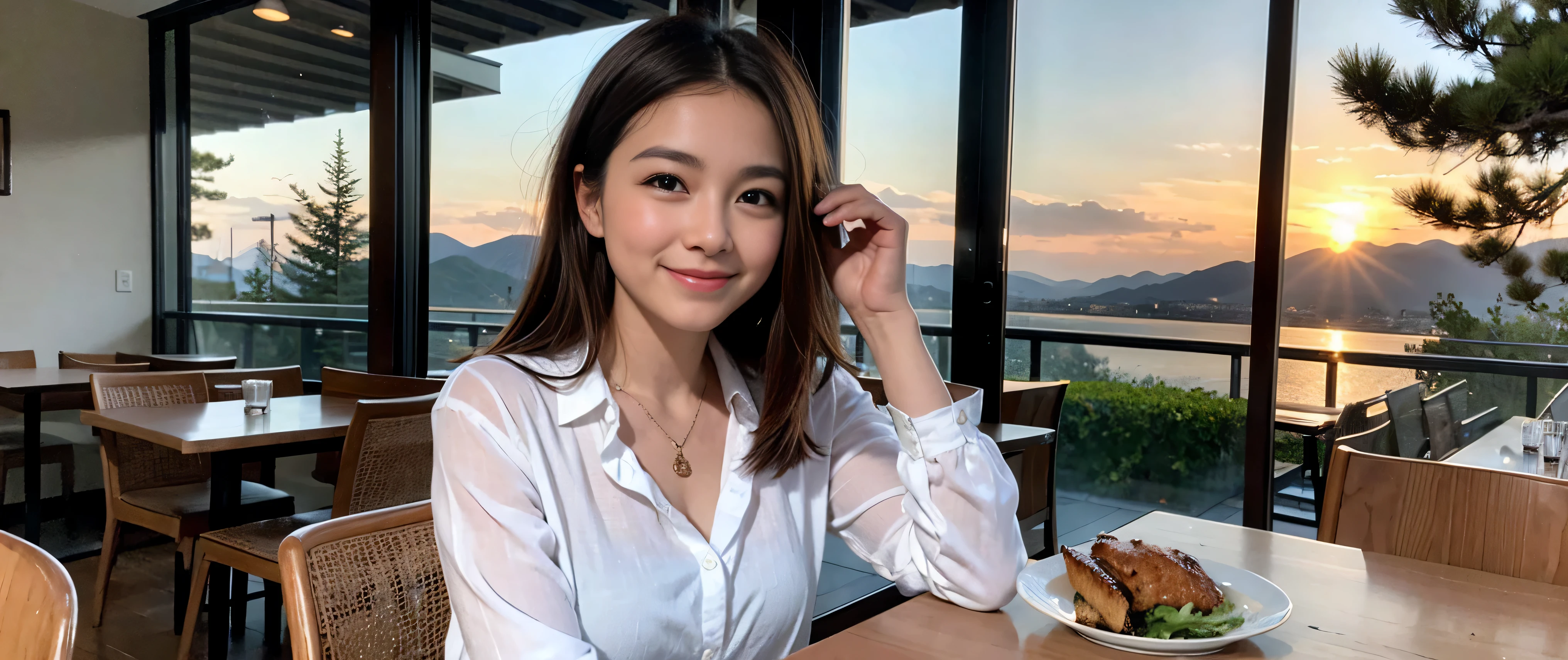 ((highest quality、8k、masterpiece:1.3))、Beautiful woman perfect body:1.4、Slim body、((Bob Hale、Straight hair:1.2))、 Ultra-high resolution, Bright image、2. The beauty of wine, Beautiful Face, blue eyes, Beautiful Eyes, The light shines on your face, Blushing your nose, short hair,Spectacular view of the sunset sky and clouds、Amazing mountain views、A bright smile、A lovely woman with a smile、Bright Face、Fox face、Lady、Champagne、Wine bottle、wine glass、red wine 、Appetizer、Italian food、Two beauties、brown hair、Shortcuts、Long sleeve shirt、Winter Fashion、dress、Wine bottle、sparkling wine、Pretty Woman 1, (slim face), (brown hair), (Shortcuts), cheeks turn a little red, (42 years old), 39 years old, charming beauty、restaurant, nova frog style, actress, model, Upper Body, White wine, slim, wine glass, wine glass placed in the middle, smile, (smile: 1.15), Beautiful Eyes, Strong light and shadow,Moist Body:1.5、Delicate eyes、brown hair、The hair is very shiny、