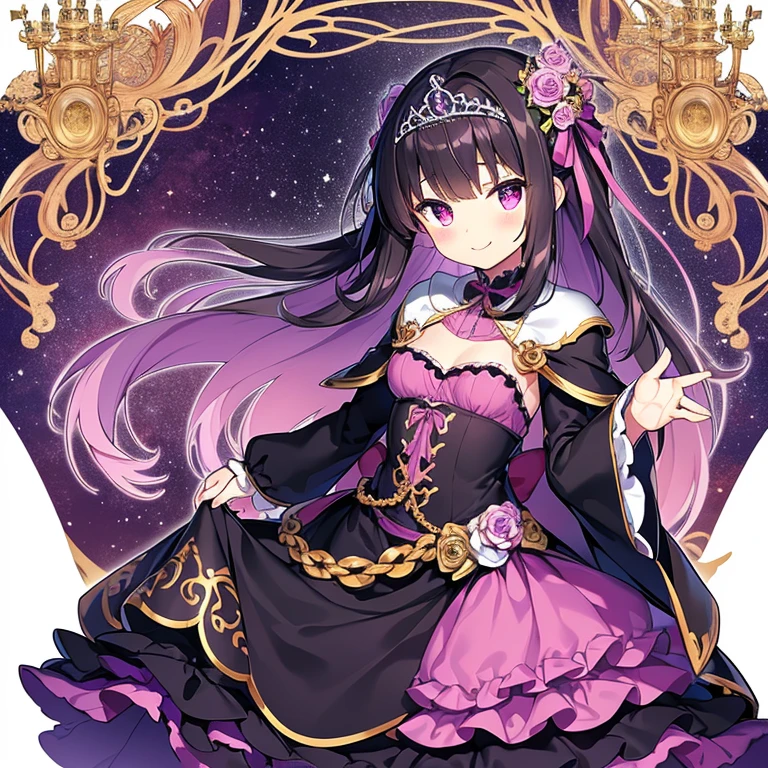 (kawaii),(best quality),(ultra detailed), upper body,(rococo style),(long train dark violet cape:1.15), very long cape,(long train dark violet ball gown with flower decorations), a girl is wearing a cape over her gown, 1 little princess, tiara, smile, small breasts, very long hair