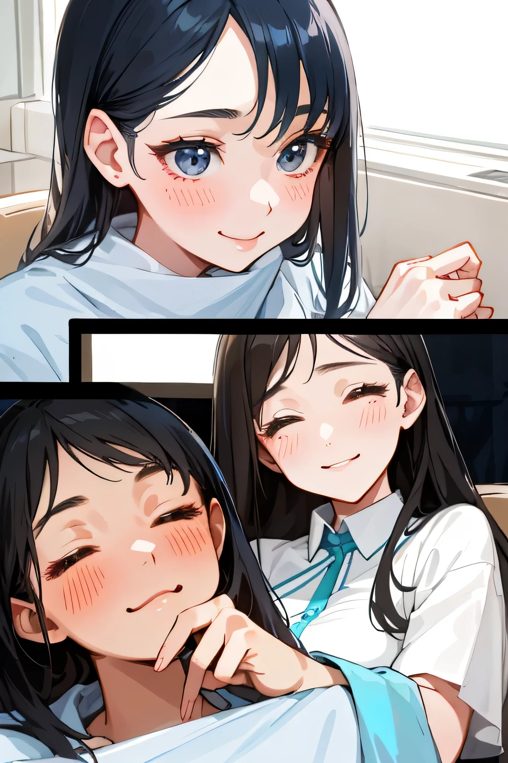 Handjob、smile、Looking up、blush、Sigh、female、White camisole、Black Hair、One person、older sister