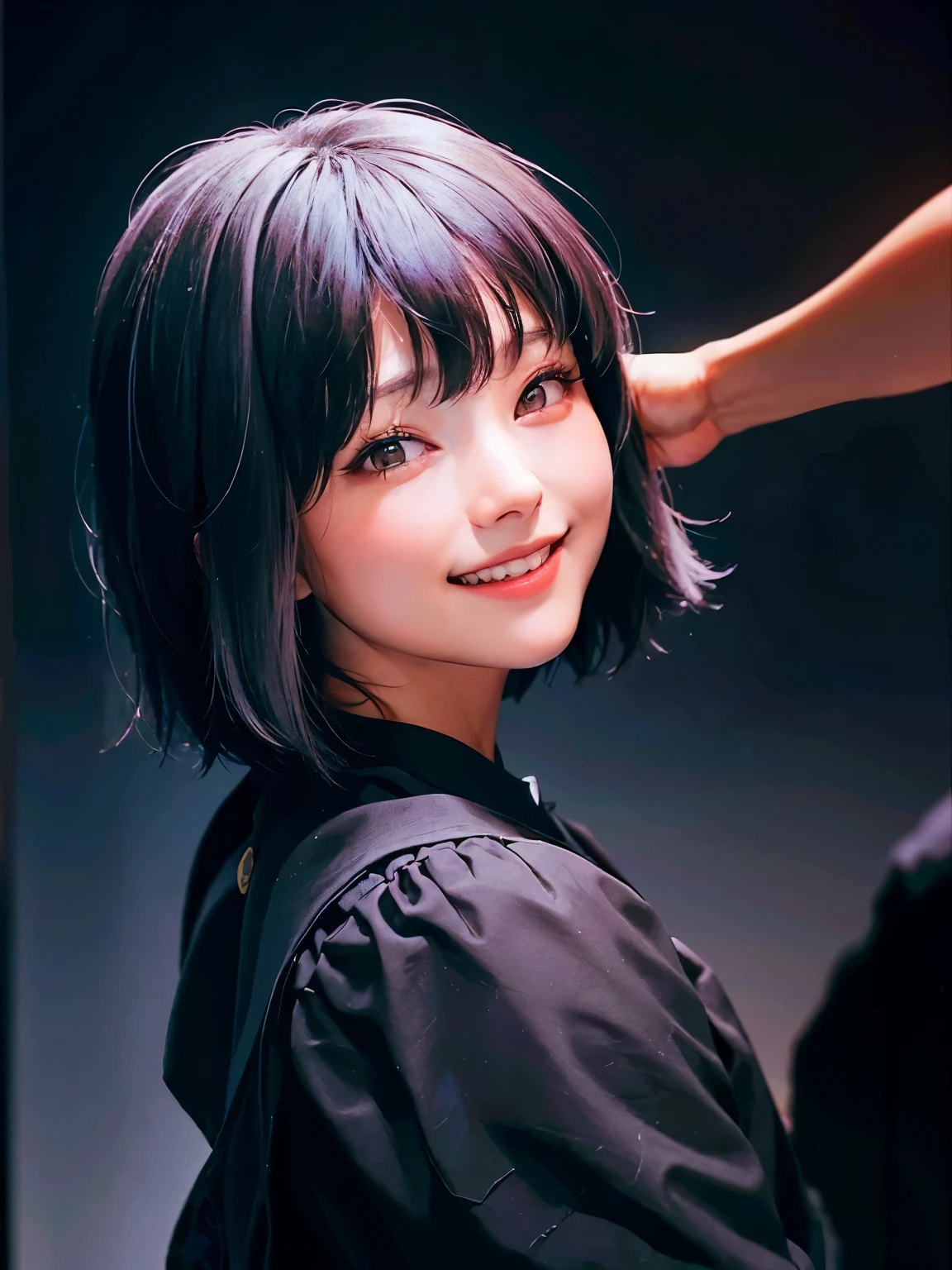 Girl with black wolf cut hair on graduation day smiling
