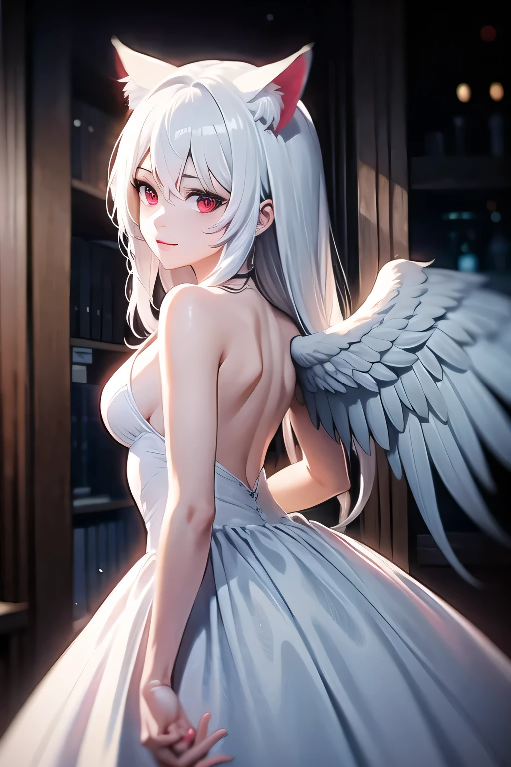 White hair, long hair, cat ears, red eyes, wedding dress, angel wings