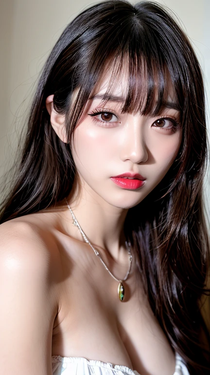 Canon RF 85mmf/1.2,masutepiece,Best Quality,超A high resolution,tu,1 girl,(Korean mixed,Kpop Idol:1.2),Solo,white_shiny_skin,Black eyes,Necklace,brown_long_Wavy_hair,Red lipstick bright_shiny_Lips,Eyelashes,Bangs,deal,make - up,shiny,Pore,skin texture,Bracelet,off shoulders,See-through,