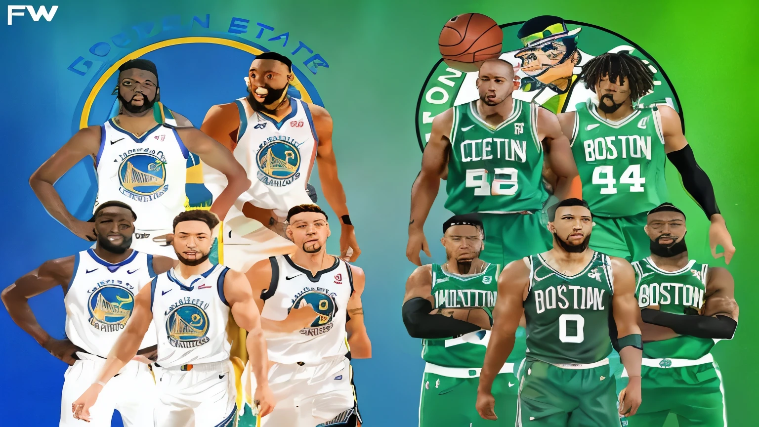 a group of basketball players standing next to each other on a green background, the nba finals, celtics, boston celtics, nba, nba finals, jayson tatum as guerilla heroica, 🔞🤡, boston, 🚿🗝📝, 🤬 🤮 💕 🎀, edited, 💣 💥💣 💥, warriors, wearing nba jersey, 💣 💥