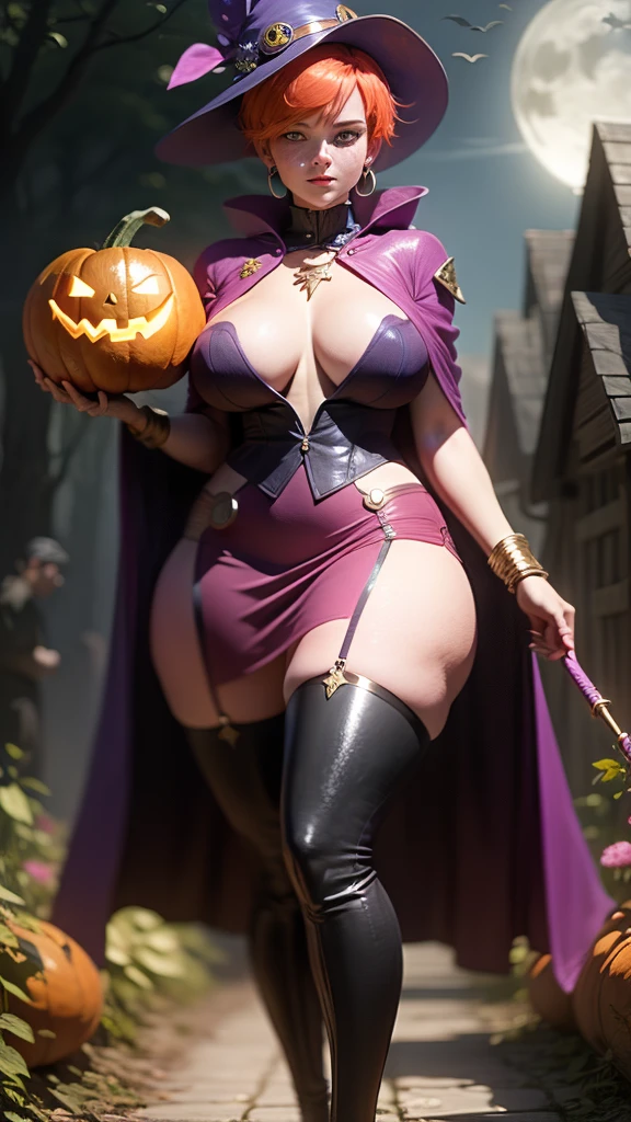 dark magician girl,gwen tennyson,tracer,bulma,rebecca chambers,Yu-Gi-Oh,solo girl,close up,moonlight,gold neck jewelry,body tattoos,short pink skirt,garter belt,short hair,dark magician girl hat,dark magician girl dress,dark magician girl robe,holding a wand,pumpkin village,pink magician girl cloak,silver earrings,halloween forest,glowing pumpkin,green eyes,orange hair,shy smile,freckles,redhead,beautiful girl, large ,thigh high boots,ultra detailed,realistic,fantasy art, (Breasts1.4)