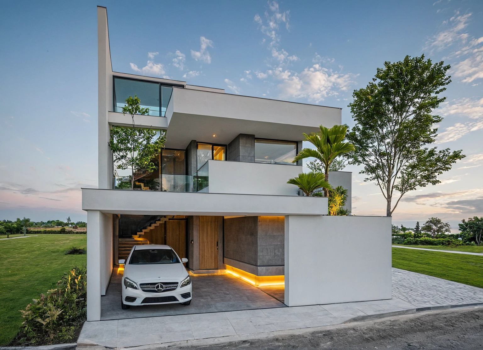 Masterpiece, high quality, best quality, authentic, super detail, outdoors, onestoreyvillaXL, aiaigroup, house style modern on the street ,stairs, white wall ,road,pavement, grass, trees, sky, cloud, (daylight:1.1)
