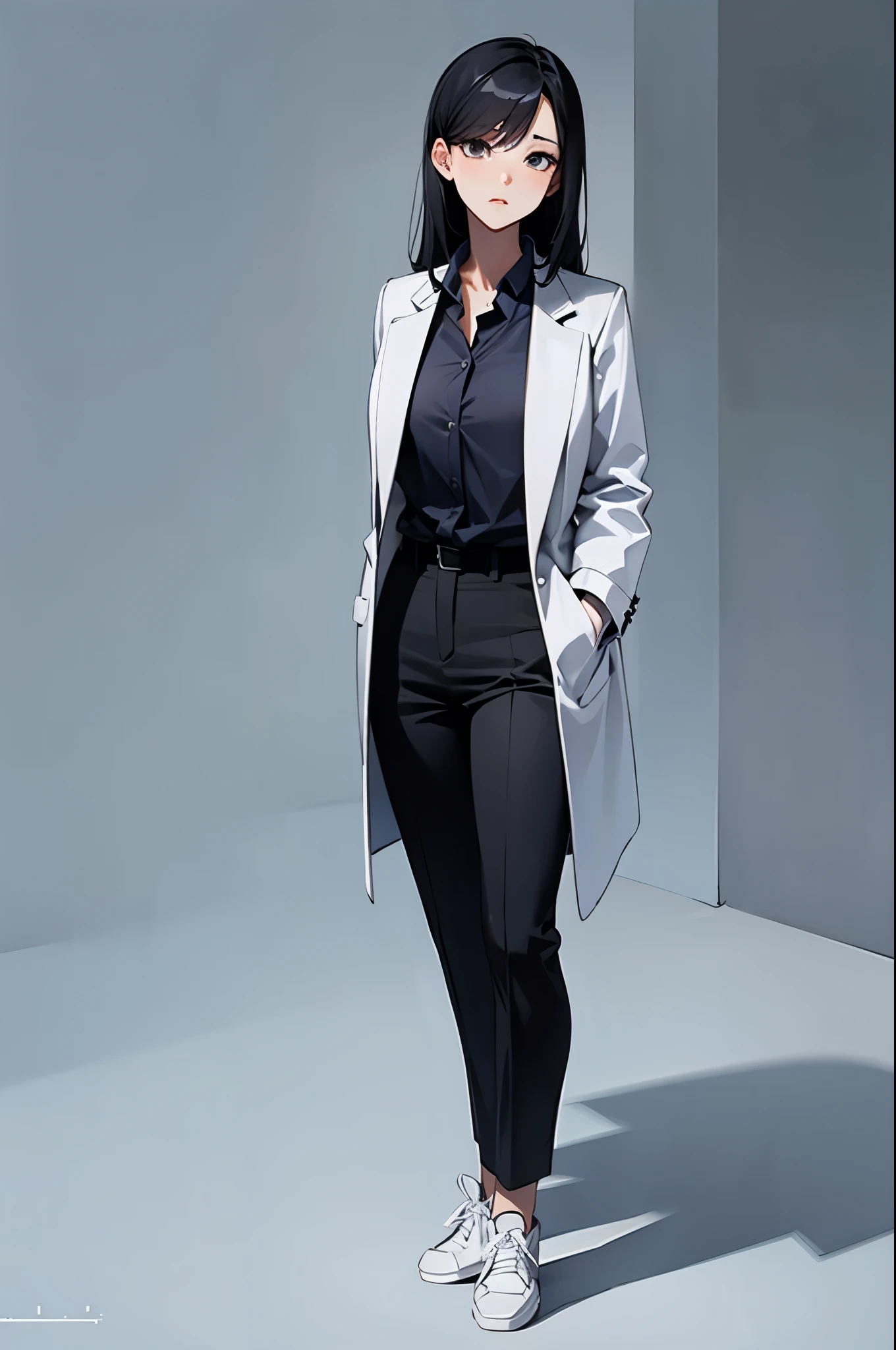 Full body shot of an Asian female researcher,White coat,Black hair,Black lining,Black pants,white shoes