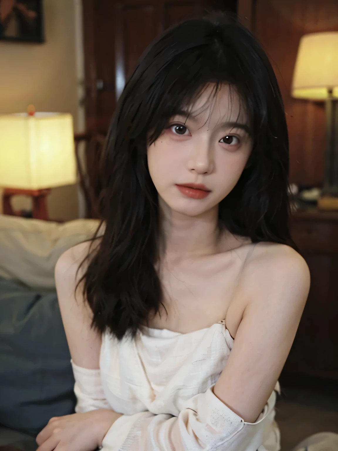 Film Portrait Photography, 1 girl, Bare shoulders,Lipstick,(flat chest:1.4), Shoulder-Length Wavy Hair, serene, calm, (Realistic and Detailed eyes, Natural skin texture, Realistic facial details), Soft dramatic lighting, Depth of Field, Bokeh, Vivid details, Detailed, Surrealism, 35 mm film, hazy, ,