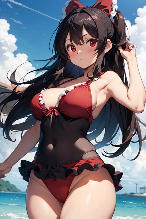 Reimu Panties visible Huge breasts Breasts visible Concerned face Wearing a swimsuit Breasts visible Breast size is 25 Panties color is red
