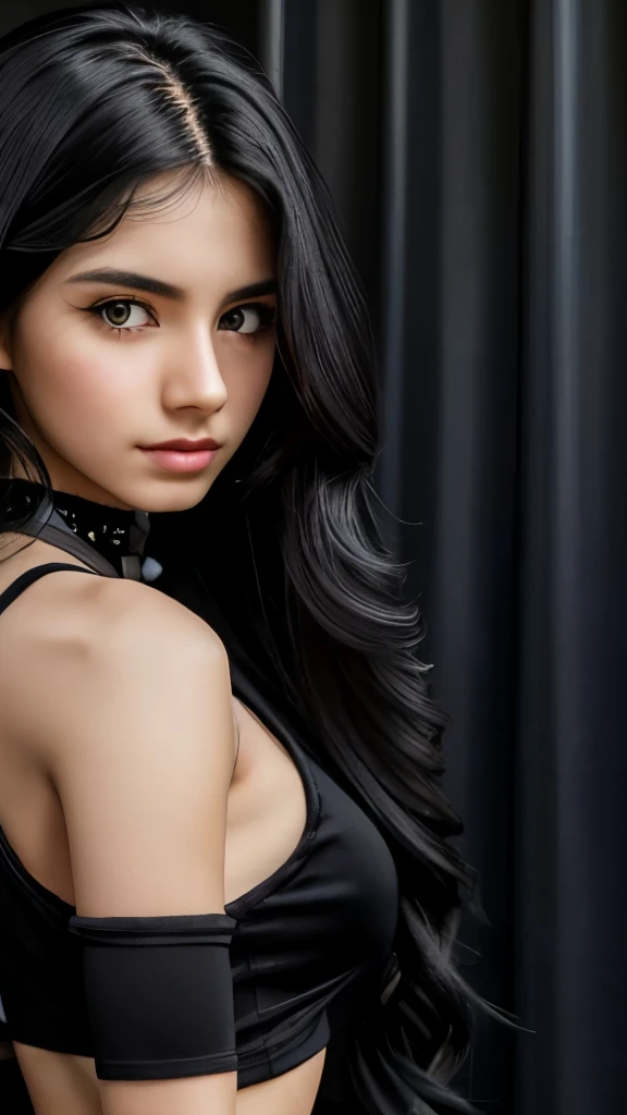 A long wavy black haired mexican girl, dark eyes, 15 years, young, pale skin, well built body, small breast, tiny chest, Ultra high res, uhd, (photorealistic:1.4), doll-like face, wearing black sleeveless tight shirt and long baggy pants, black silk gloves, black chocker, fish eye lens, f1/8