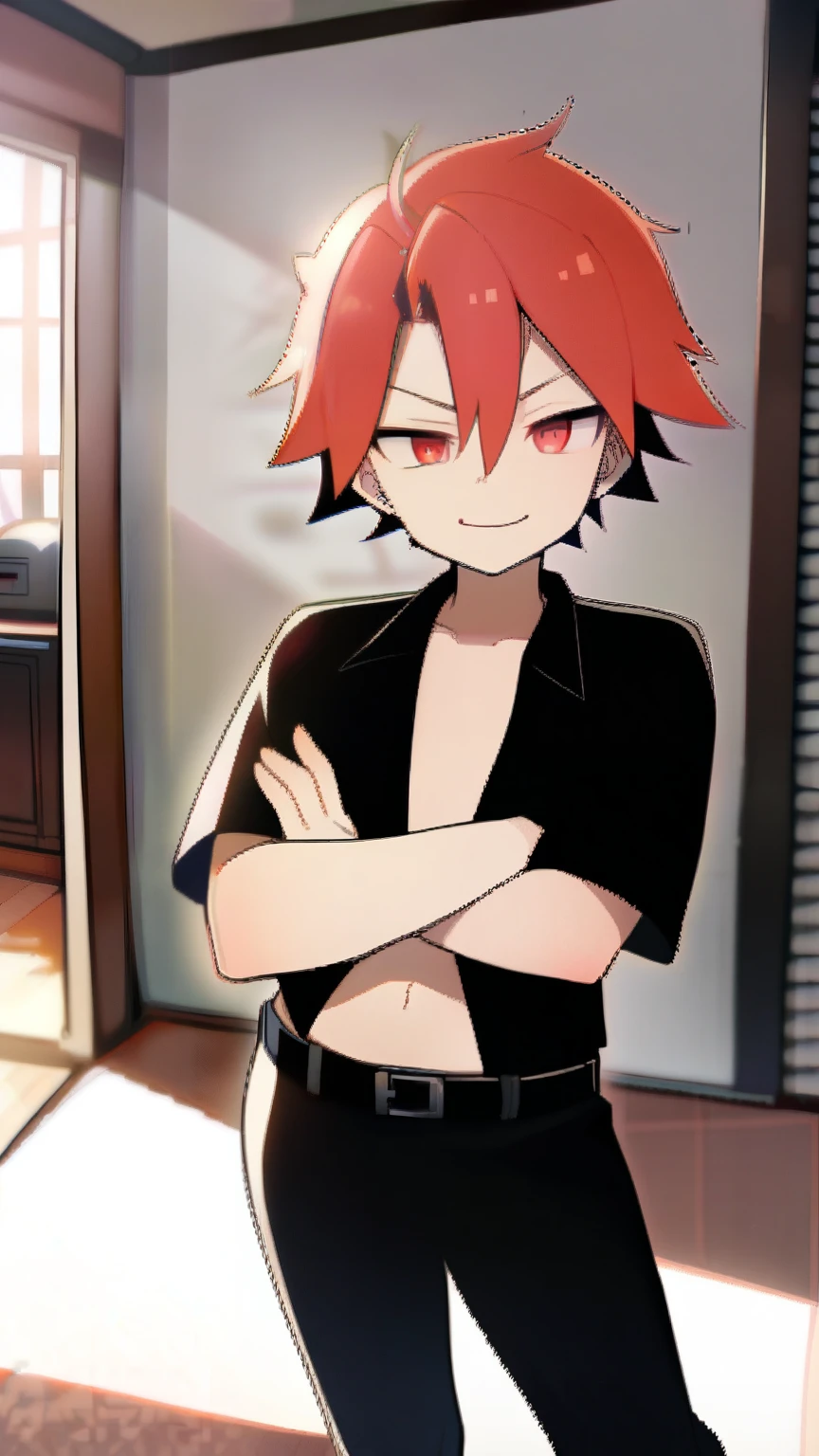 1boy, , red hair, red eyes, two little horns, black pants with belt, unbuttoned black shirt, exposed belly, no shoes, bared feet, standing, living room, arms crossed, mischievous smirk