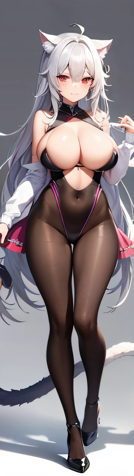 highest quality High resolution A young beautiful woman Red eyes Beautiful gray hair Medium Perm cute soft girl Cat ear A virgin killer with amazing breasts BBW open your legs vertically Standing on one leg Love love Heart symbol