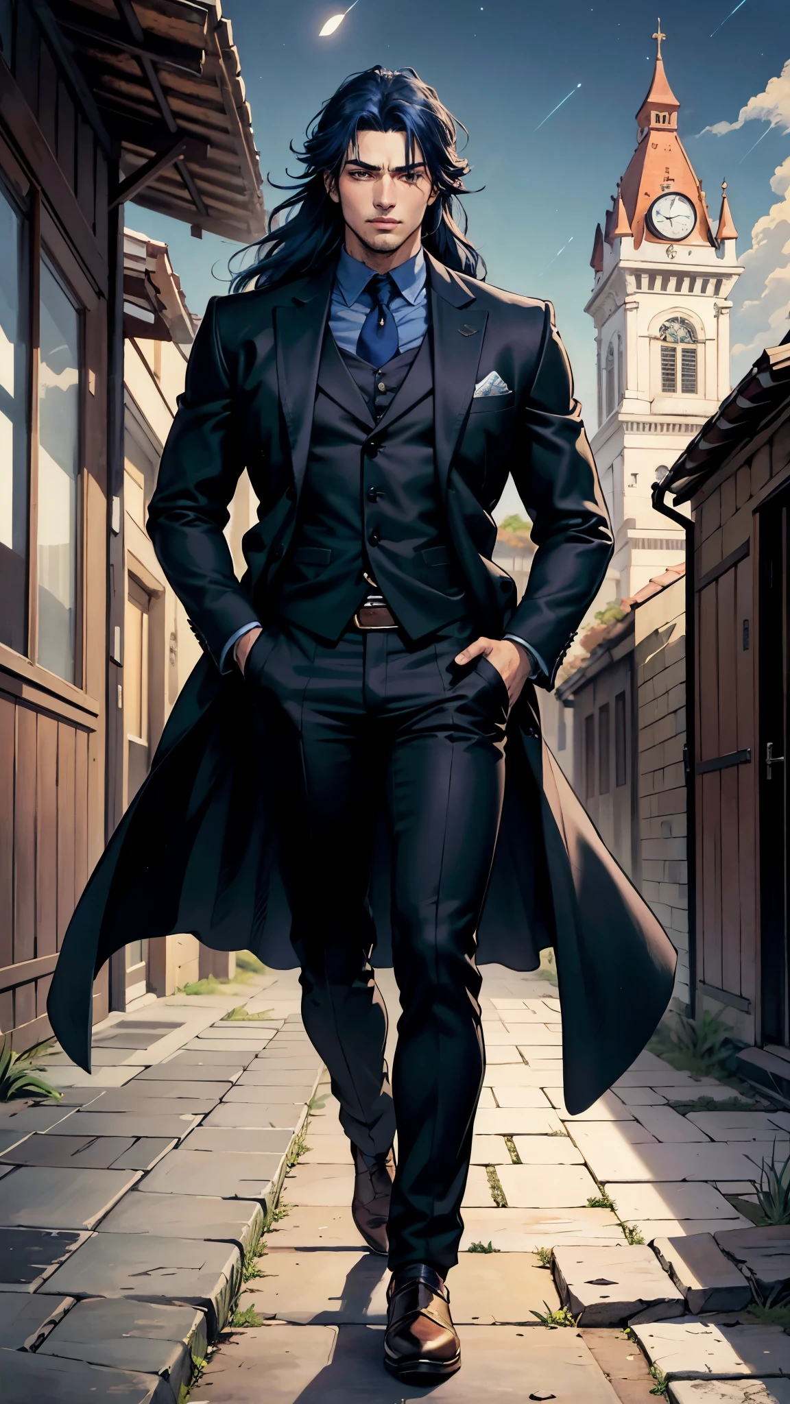 A young man with long, deep blue hair, Cold, resolute eyes, slender face, Handsome face, Standing in front of the dilapidated ancient city under the night sky, It exudes a dignified attitude, He is wearing a two-piece Western-Eastern hybrid black suit coat, Matching black trousers, In both hands、There is a curved long sword that emits a faint sound., A faint blue glow illuminating the surroundings, This character is、Embodies a fantasy-style swordsman design elaborately crafted in anime style, Featuring a sophisticated and mature manga illustration art style, Drawing full body characters, High resolution, highest quality, High resolution, Very detailed, Ultra-fine painting, very delicate, Professional, Anatomically correct, symmetrical face, Very detailed目と顔, high quality eyes, creativity, RAW Photos, 超High resolution, 8k, Natural light, Cinema Lighting, masterpiece:1.5