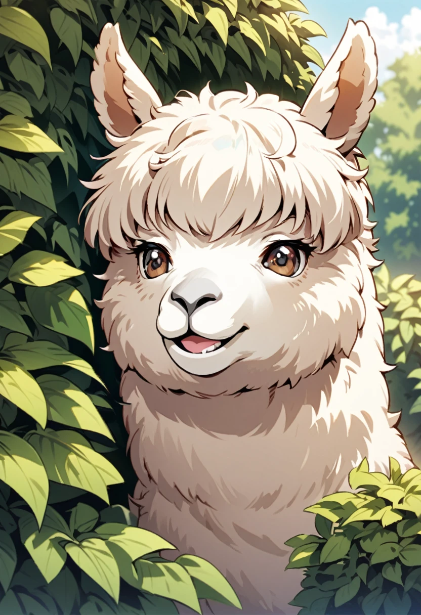 Alpaca looking from hidden bush, very detailed and funny