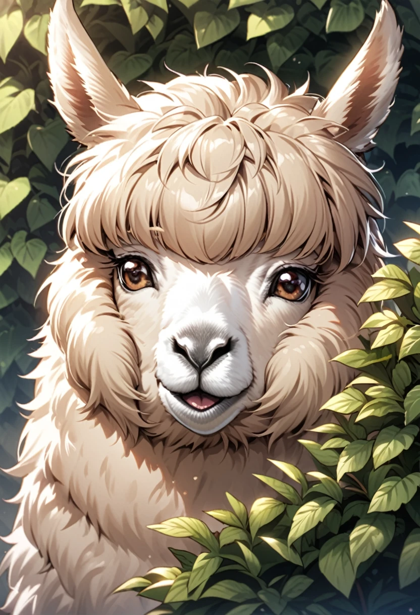 Alpaca looking from hidden bush, very detailed and funny 