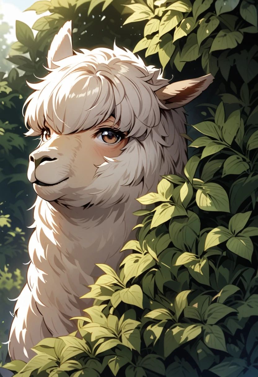 Alpaca looking from hidden bush, very detailed and funny