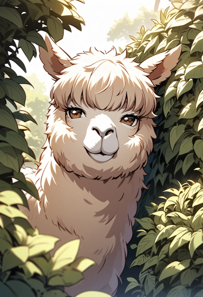 Alpaca looking from hidden bush, very detailed and funny