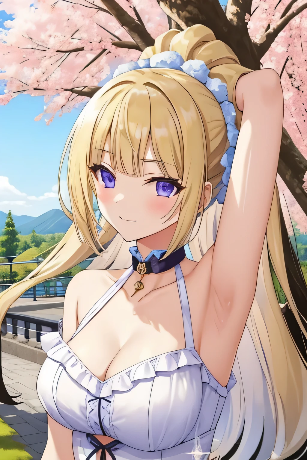 KeiKaruizawa, blonde hair, ponytail hairstyles, violet eyes, 1girl,solo,long hair, off shoulder, collar bone, cleavage, look at viewer, perfect fingers, armpit peek, frill,  Beautiful flowers bloom, (sparkles), (There is a blooming sakura)，standing under a tree, (head looking up), Look at the tree, Natural soft light, macaron, Still ethereal, Crisp and smooth lines, radiant morning light, soft luminescent glow, armpit peek,