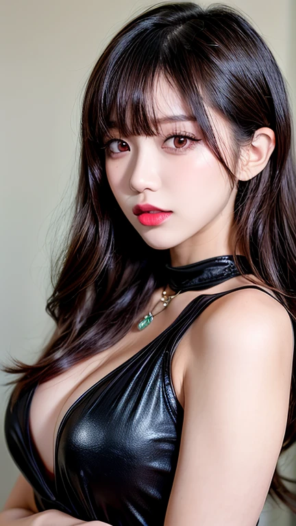 Canon RF 85mmf/1.2,masutepiece,Best Quality,超A high resolution,tu,1 girl,(Korean mixed,Kpop Idol:1.2),Solo,white_shiny_skin,Black eyes,Necklace,brown_long_Wavy_hair,Red lipstick bright_shiny_Lips,Eyelashes,Bangs,deal,make - up,shiny,Pore,skin texture,Bracelet,off shoulders,See-through,Big breasts