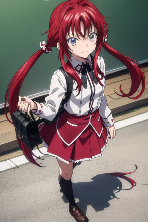 Issei Hyoudou,gender,｛1girls,Solo｝,anime.red hair,uniform,skirt,Small breasts,classroom,School,｛elementary school student｝｛child,１０age｝,(((Twin tails)))、cute,smile,bag