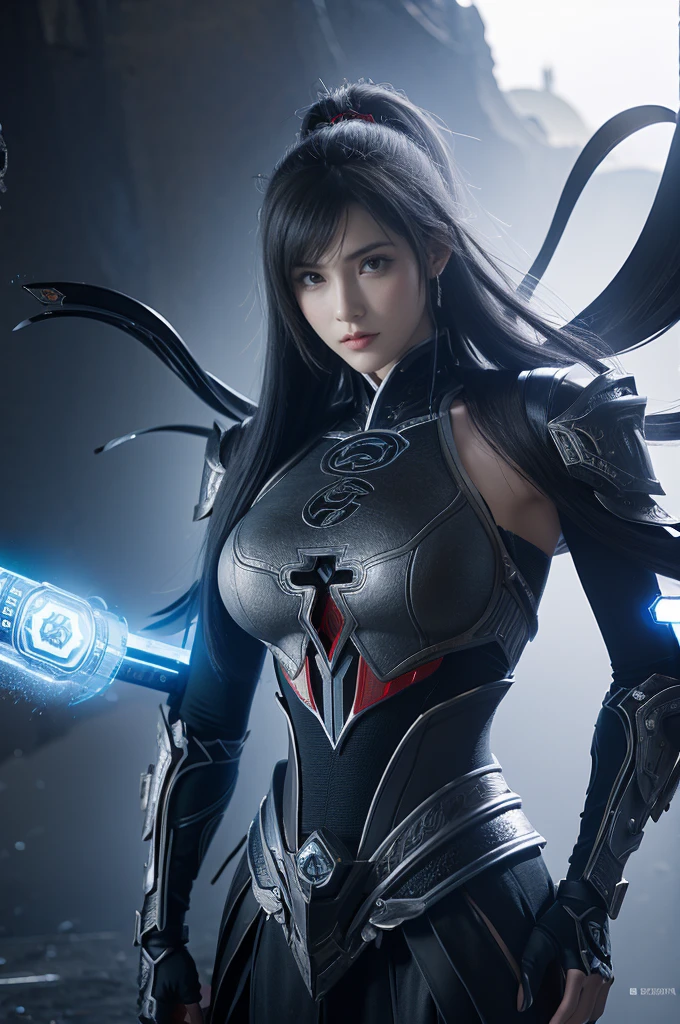masterpiece,Game Art,Best picture quality,Maximum resolution,8k,(portrait),Unreal Engine 5 rendering works,(Digital Photography),((portrait Feature:1.5)),
20 year old girl,Short hair details,Long bangs,(Red eye makeup is very detailed),(With long gray hair:1.4),(Large target, plump breasts),Elegance and nobility,Brave and charming,
(Future armor combines the characteristics of Chinese armor,hollow-carved design,Power Armor,Mysterious oriental runes,Exquisite dress pattern,magic sparkles),Warriors of the future,Cyberpunk Characters,war background,
Movie Lighting，Ray Tracing，Game CG，((3D Unreal Engine))，OC rendering reflection pattern