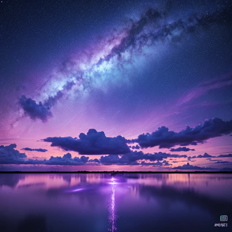 Light purple geometric pattern, clouds, night sky reflected in a puddle, landscape illustration