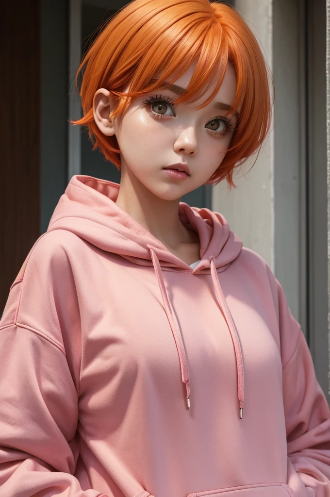Orange Hair Short Hair Big Eyes Long eyelashes Girl pink hoodie live-action
