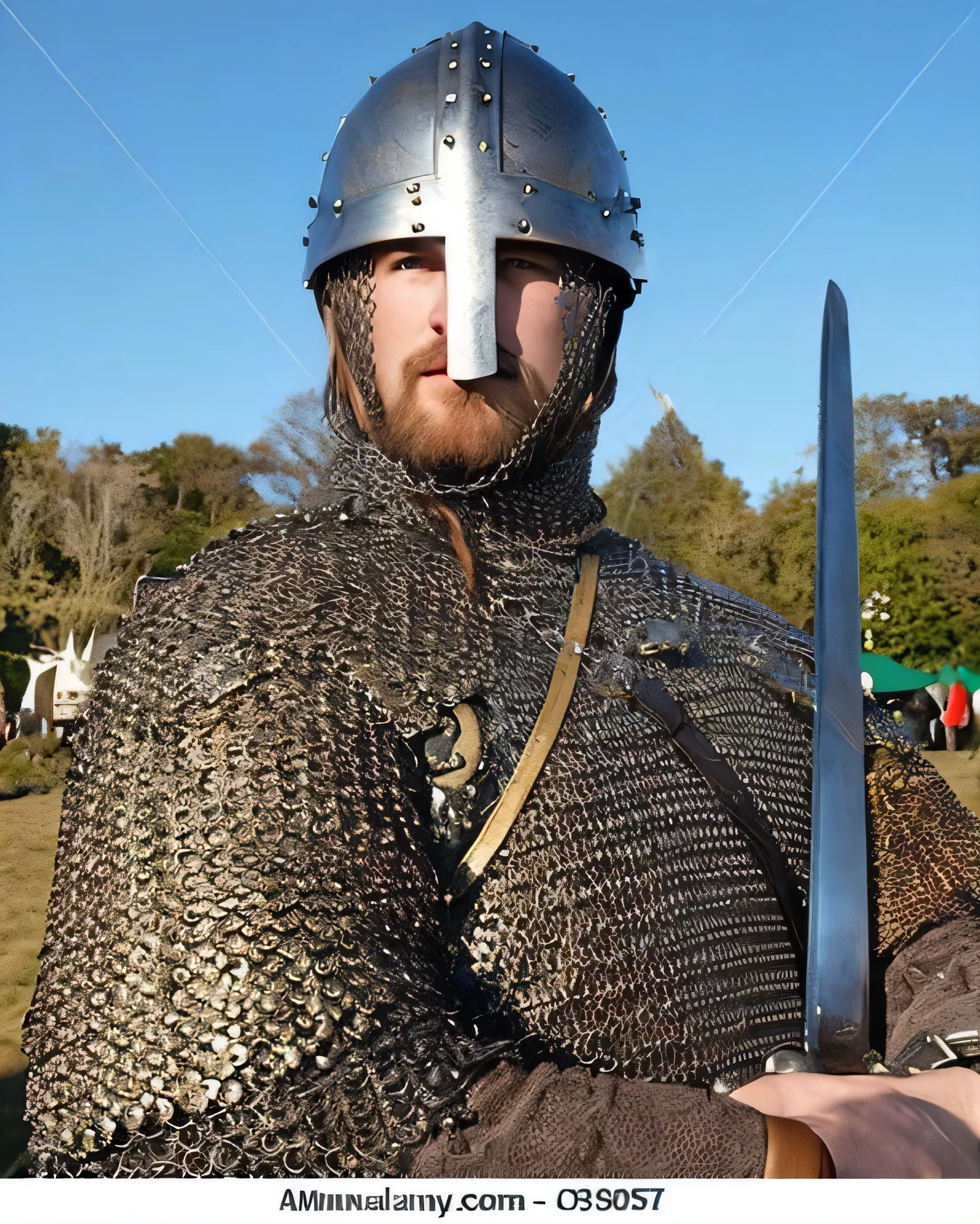 A man in chain mail、holding sword、Man wearing a helmet, Wearing chain mail, Wearing chain mail, rugged male Middle Century Knight, medieval warrior, detailed viking armour, viking warrior, Wearing Nordic armor, Middle Century Knight, Wearing ancient Cimmerian armor, viking armour, Knight wearing plate armor, photo of adult male warrior, Highly detailed medieval, Wearing plate armor
