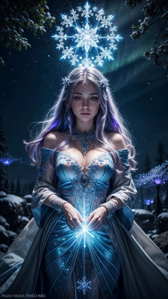 aurora mage,illustration,flowing robe,glowing staff,mysterious aura,breathtaking landscape,detailed snowflakes,shimmering colors,magical charm,ethereal beauty,enchanted forest,bright moonlight,vibrant color palette,starry night,mesmerizing glow,(best quality,4k,8k,highres,masterpiece:1.2),ultra-detailed,realistic:1.37,HDR,professional,bokeh