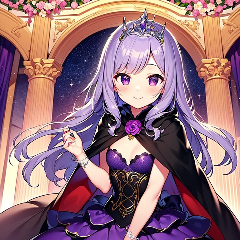 (kawaii),(best quality),(ultra detailed), upper body,(rococo style),(long train dark violet cape:1.15), very long cape,(long train dark violet ball gown with flower decorations), a girl is wearing a cape over her gown, 1 little princess, tiara, smile, small breasts, very long hair