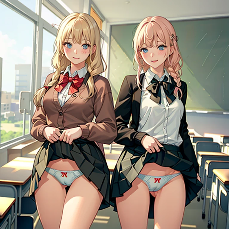 ((2 girls))、(smile:1.5)、Small breasts、(Cowboy Shot)、(fun!!)、(cardigan)、(Blonde)、(blush:1.4)、、(single braid)、(Eye highlights:1.3)、blake black shoes,(黒いskirt)、bow, button, shirt with collar, Long sleeve, ((red bow tie, , Black jacket, Open jacket, 茶色のcardigan, white shirt, 黒のskirt, チェック柄のskirt、white socks)),, shirt,, skirt, socks, Thighs, white shirt, Rest indoors, ((classroom:1.5))、 BREAK while watching the audience、(skirtを掴む:1.0)、 (Perfect hands, Perfect Anatomy),Cowboy Shot、(skirt lift:1.3),(Highly detailed panties:1.3)、(Highly detailed panties:1.3)、、(skirt that rolls up:1.3)、(Full-fledged panties:1.5)、Light blue eyes、