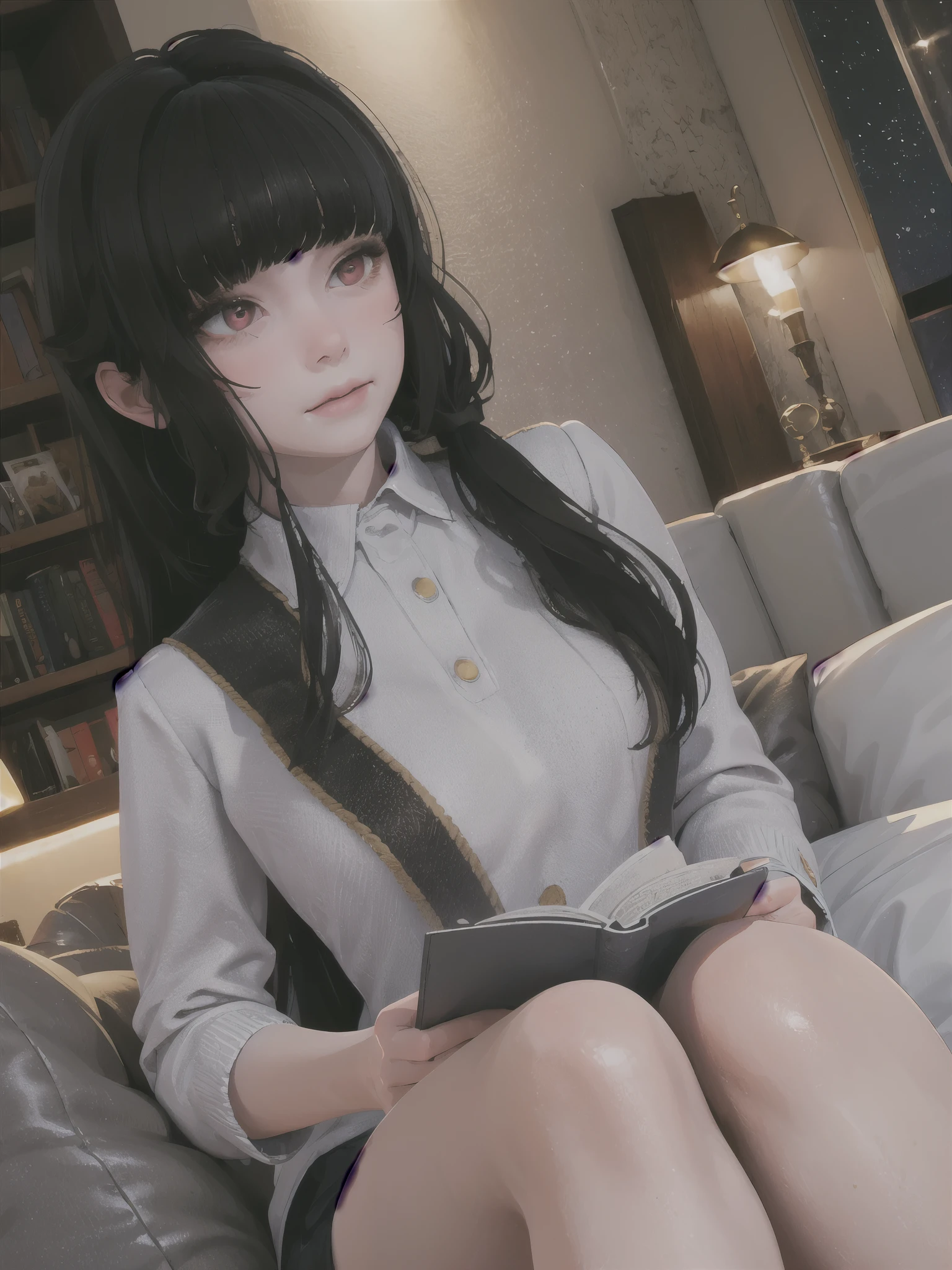 masterpiece, night, highly detailed, stars, best quality, 1girl, solo at night, Luna, black hair, red eyes, blunt bangs, reading, black clothes 