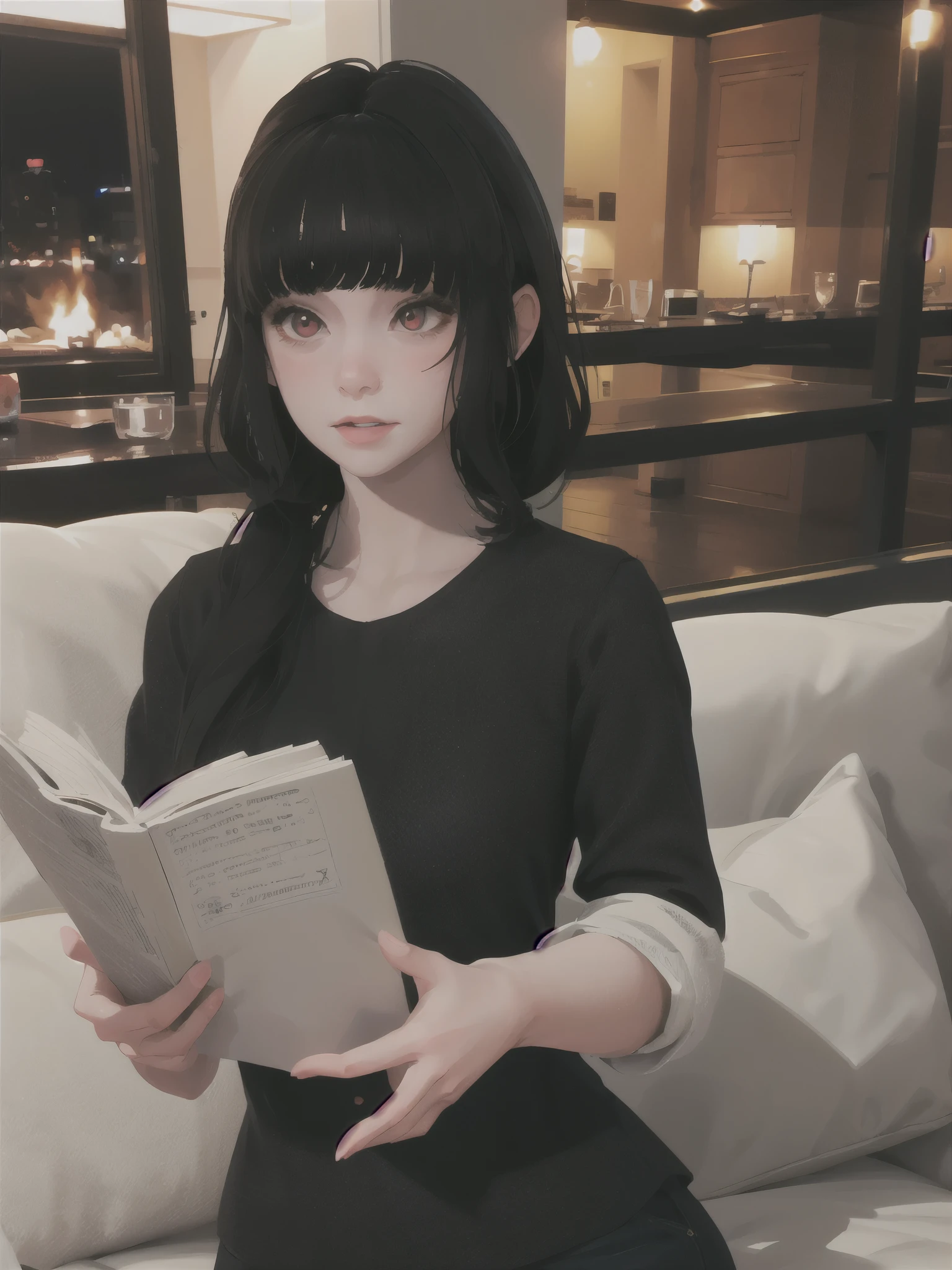 masterpiece, night, highly detailed, stars, best quality, 1girl, solo at night, Luna, black hair, red eyes, blunt bangs, reading, black clothes