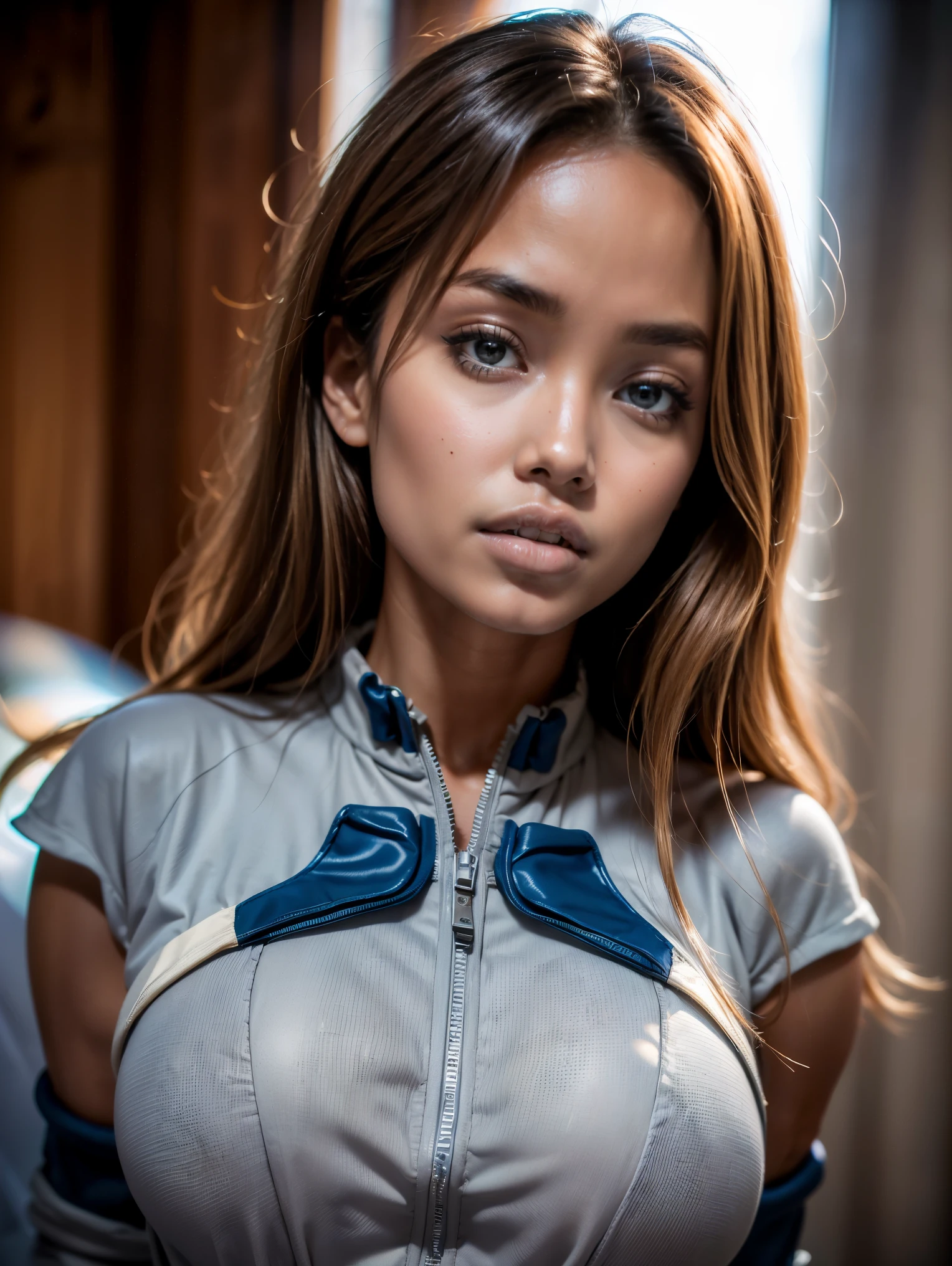 (Photorealsitic:1.4)、female、45 year old、Soryu Asuka Langley、Eva Unit 2 pilot、extremely busty,A slender、((((Wearing a gray pilot suit))、top-quality、extremely delicate and beautiful、high resolution、beautiful illuminating、1girl in、tall philanthropist、Earth Eye、Brown hair、(So real that you can mistake it for a photo)、illuminating the face、illuminating、face perfect、(Ultra-detailed eyesnose-mouth-tongue)、sexypose、illuminating the face、(Draw the whole body)、face perfect、space station,, upper body, cowboy shot