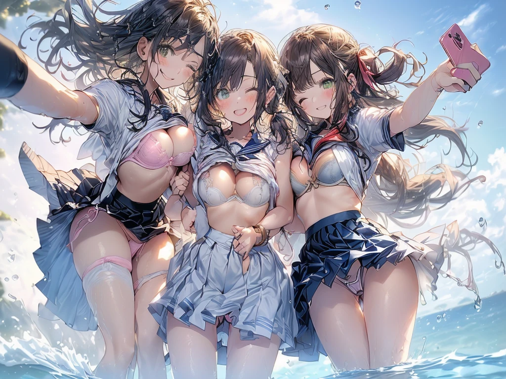 nswf:1.3,((masterpiece, highest quality, High resolution, 超High resolution, Pixel Perfect, Written boundary depth, 4k, RTX, human development report))), , beauty、View the whole body、((((looking down at viewer)))), (from below:1.3),(masterpiece: 1.2, highest quality, masterpiece, Clearer images), (Bright colors), ((Take clear photos even from a distance)), ((Multiple Girls)), ((Harem)), ((School classmates)), (((All school uniforms have the same design))), (((Everyone is wearing the same navy blue skirt))), (((Everyone is wearing a swimsuit of a different color and design.))),(()), ((prostitution婦)), (On the beautiful beach), (smile)、((youth)),(((Frolicking))),(((cute Japanese((6 girls))), (((infant'Face))), ((Group shot)), (((Group selfie))), ((ass visible through thighs:1.4))、Wide-angle, Soft Light、(((Blazer uniform, Checkered pleated skirt,White Shirt)))、(Slightly larger breasts), ((prostitution)), ((viewers love it)), Landscape、(((show panty:1.6)))、((breast grab:1.3)),(((bra lift:1.2)))、 ((Green Eyes, Beautiful eyelashes, Realistic eyes)), ((Detailed face, blush:1.2)), ((Smooth texture:0.75, Vibrant质感:0.65, Vibrant:1.1, Anime CG Style)), Medium breast, Perfect body, Beautiful curves、beautiful legs、thin、smile, (((Attractive way to stand))),((Model pose)), Aerith Gainsborough, Hair Ribbon, bracelet, brown hair, Side Lock, Parted bangs, Green Eyes, Braid, ((()Award-winning design underwear))、(((Everyone wears different colors and designs of underwear.))),((((open legs:1.4)))、((breast grab:1.3)),(((bra lift:1.2)))、((((Skirt lift panty)))),Detailed depiction of the crotch、(water droplets:1.2)、(Stand with your feet apart), ((((Are standing)))), (Her legs were spread), (Made to stand with legs apart..) ,((Attractive way to stand)),(((Uplifting)))、(water droplets:1.2)、(Rising Wind:1.5),please stand facing me、 thin脚, ((one eye closed))、((((selfie))))、((Hair fluttering in the wind)),((Hold your hair in your hands)),((arm behind head)),(((leaning forward)))、((((Get excited)))),Inner thighs