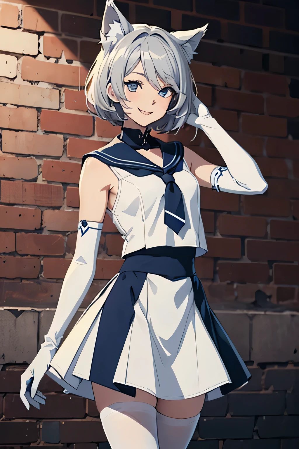 Tabletop Best image quality wonderful Attention to detail One Young Woman((Adult))Anime Style White Sailor Suit(Sleeveless) Navy blue mini skirt Pure white gloves(Elbow Gloves) White Pantyhose(Plain) Wolf Ears short hair((Shortcuts)(Gray Hair)(Curly Hair)(fluffy)) smile(Happy) Eye color is blue background(Brick wall)