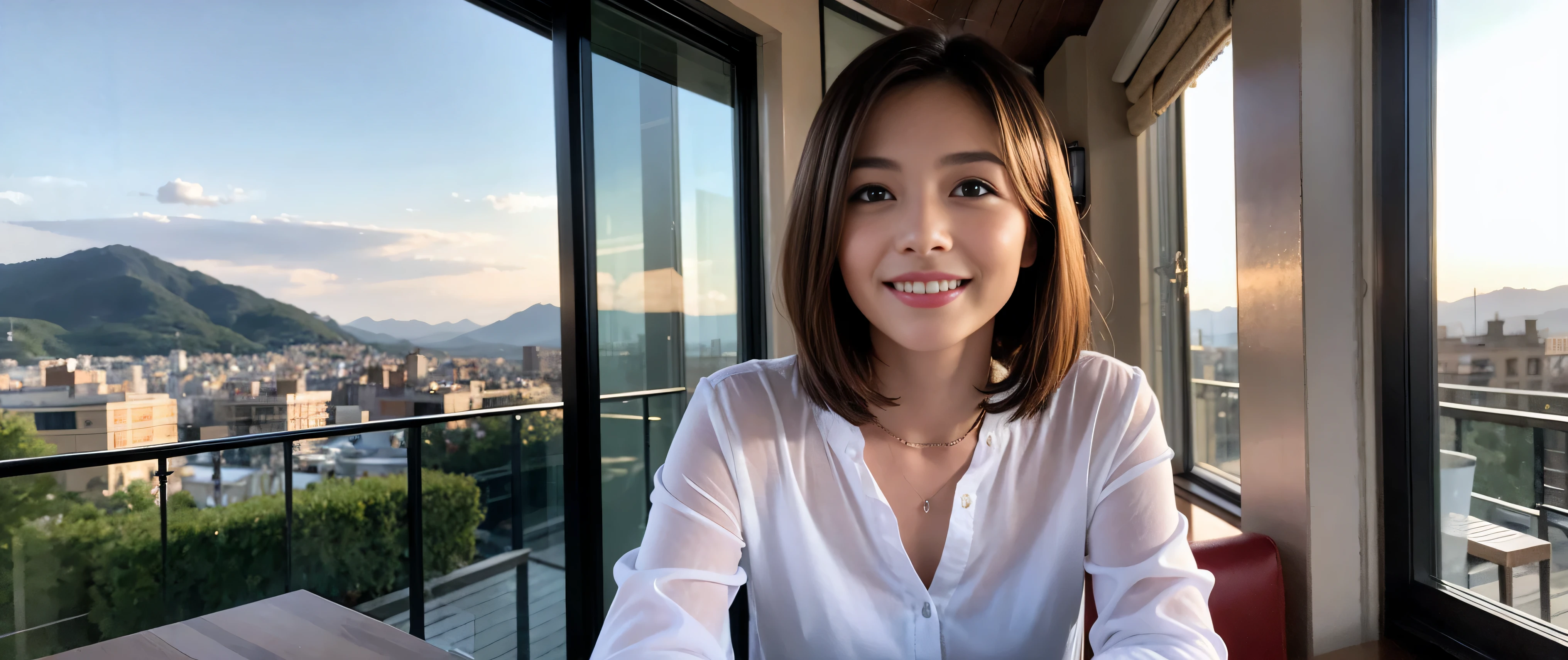((highest quality、8k、masterpiece:1.3))、Sharp focus:1.2、Beautiful woman perfect body:1.4、Slim body、((Bob Hale、Straight hair:1.2))、(to be born, highest quality, masterpiece:1.5), (Realistic, Intricate details:1.2), Ultra-high resolution, Spectacular view of the sunset sky and clouds、Amazing mountain views、A bright smile、A lovely woman with a smile、Bright image、2. Wine Beauties, Beautiful Face, blue eyes, The light shines on your face, Blushing, short hair,Bright face、Fox face、 (36 years old), 39 years old, Lady、red wine 、hors d'oeuvre、Italian food、wine bottle、Champagne、sparkling wine、two beauties、brown hair、Shortcuts、Long sleeve shirt、dress、Pretty Woman 1, (slim face), (The body is slim), (brown hair), (Shortcuts), cheeks turn a little red,charming beauty、, Out of the window, A beautiful and detailed night view unfolds.........., restaurant, In a prominent place (From the waist up) nova frog style, actress, model, Upper Body, White wine, slim, wine glass, wine glass placed in the middle, smile, (smile: 1.15), Beautiful fine grain, Depth f/2,saturation, High Contrast, Strong light and shadow,Moist Body:1.5、3D texture、Delicate eyes、brown hair、The hair is very shiny、