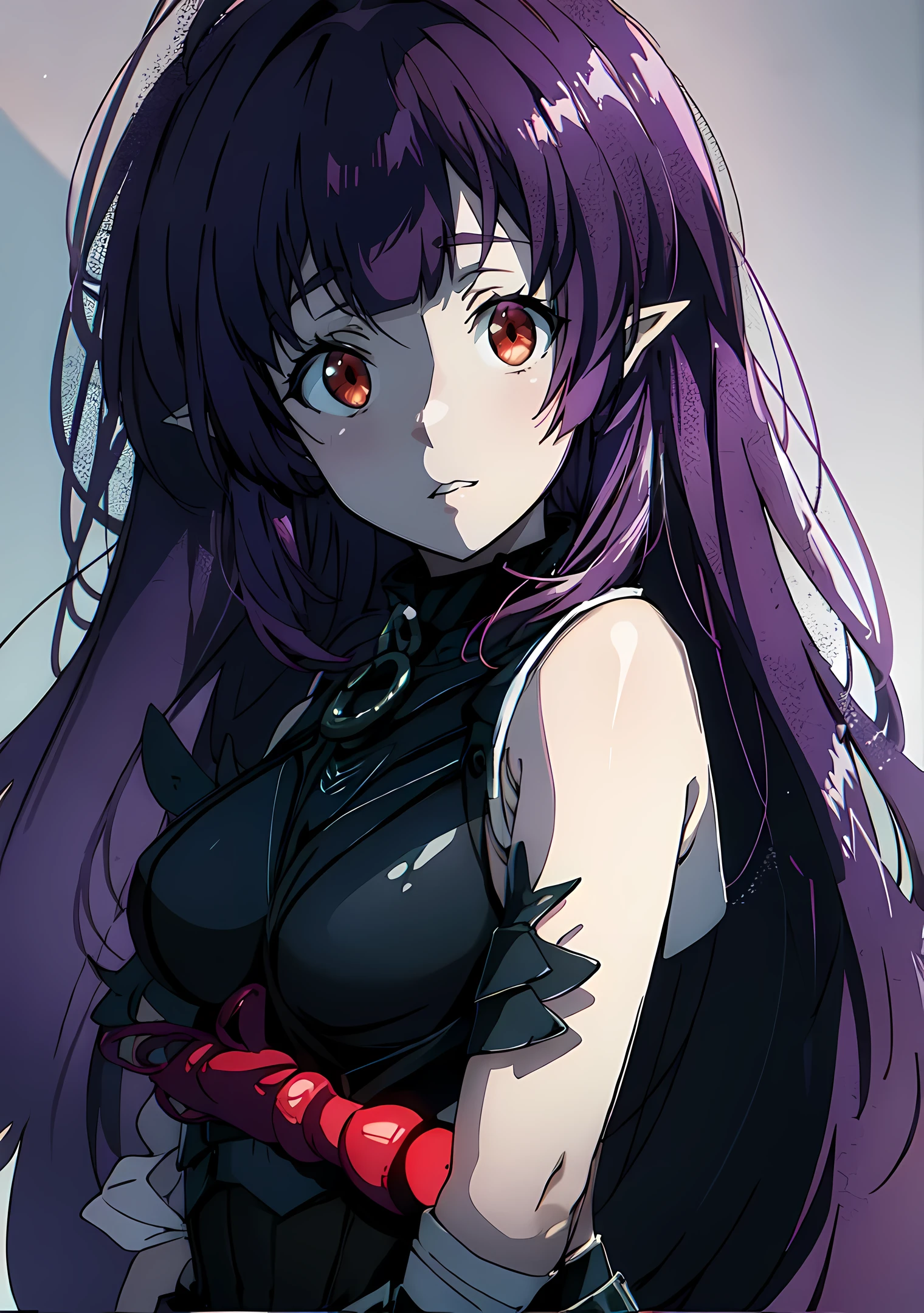 Girl,pointy ears,red eyes,dressed in armor,4k,purple hair