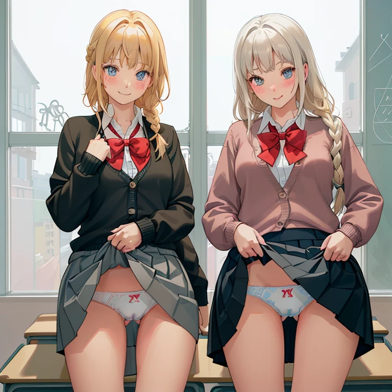 ((2 girls))、(smile:1.5)、Small breasts、（Cowboy Shot）、(fun!!)、(cardigan)、(Blonde)、(blush:1.4)、、(single braid)、(Eye highlights:1.3)、blake black shoes,(黒いskirt)、bow, button, shirt with collar, Long sleeve,  ((red bow tie, , Black jacket, Open jacket, 茶色のcardigan, white shirt, 黒のskirt, チェック柄のskirt、white socks)),, shirt,, skirt, socks, Thighs, white shirt, Rest indoors, ((classroom:1.5))、 BREAK while watching the audience、(skirtを掴む:1.0)、 (Perfect hands, Perfect Anatomy),Cowboy Shot、(skirt lift:1.3),(Highly detailed panties:1.3)、(Highly detailed white panties:1.3)、、(skirt that rolls up:1.3)、(Full-fledged panties:1.5)、Light blue eyes、