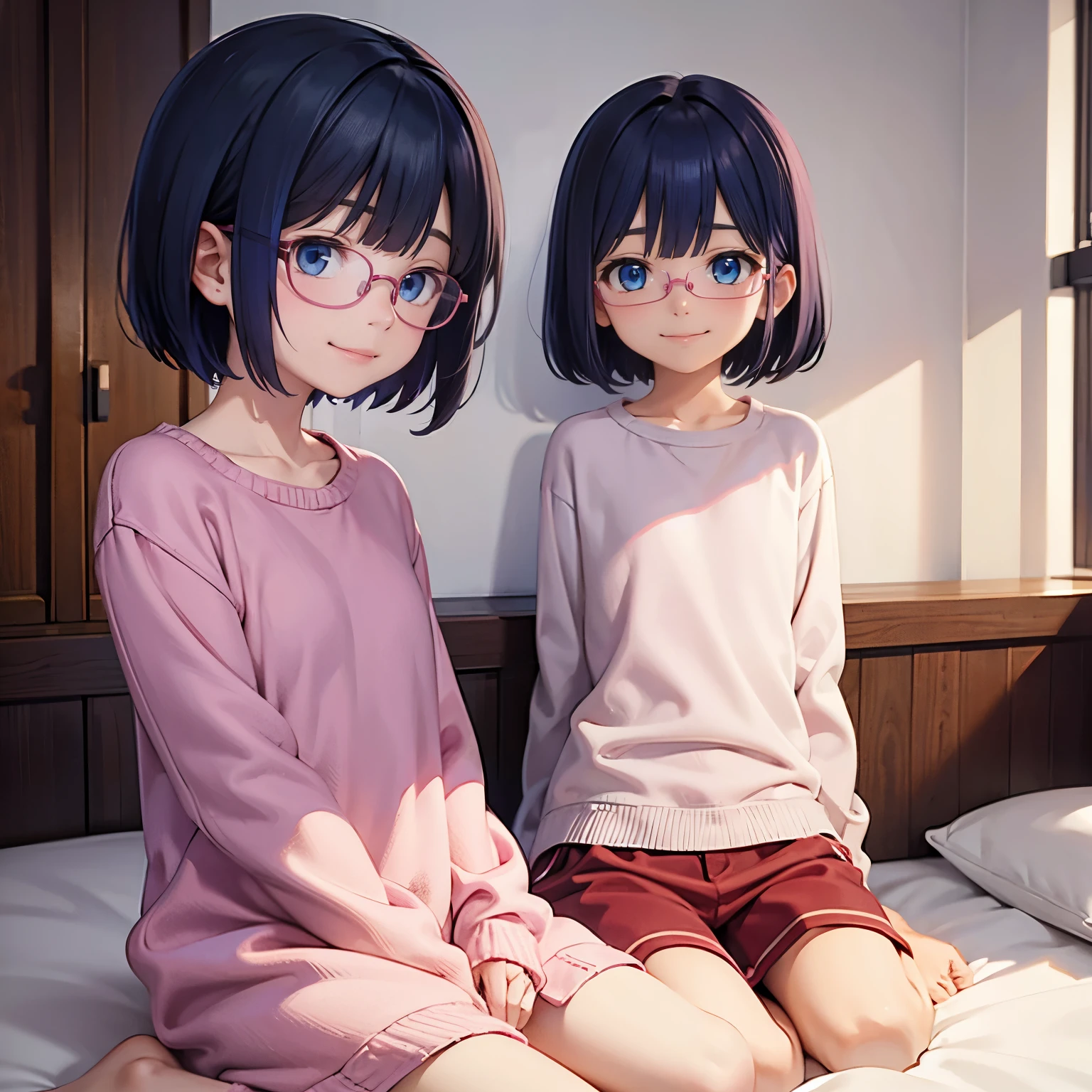Dark blue hair, short hair, dark blue eyes, pink pajamas, red glasses, small, short, little, young, flat, bedroom, emotionless, expressionless, , kuudere, pink pants, pink shirt, smile, calm