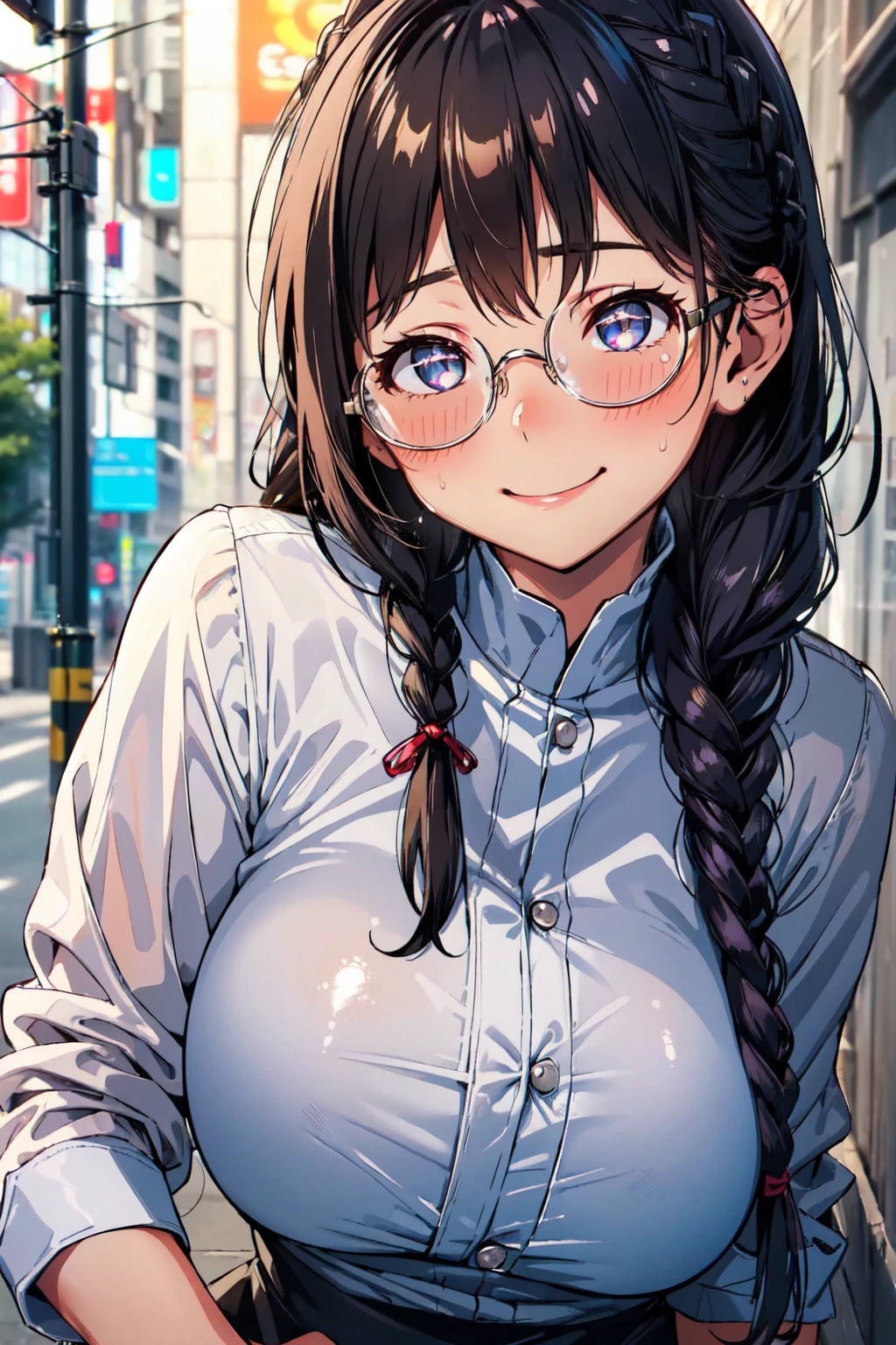 (high quality, High resolution, The finer details), Sidewalk, Side view, alone, girl, Braided Hair, , Sparkling eyes, (large round frame glasses), (Fine grain), big breasts, ((A kind smile)), blush, Sweat, Oily skin, (Focus plane), Shallow depth of field