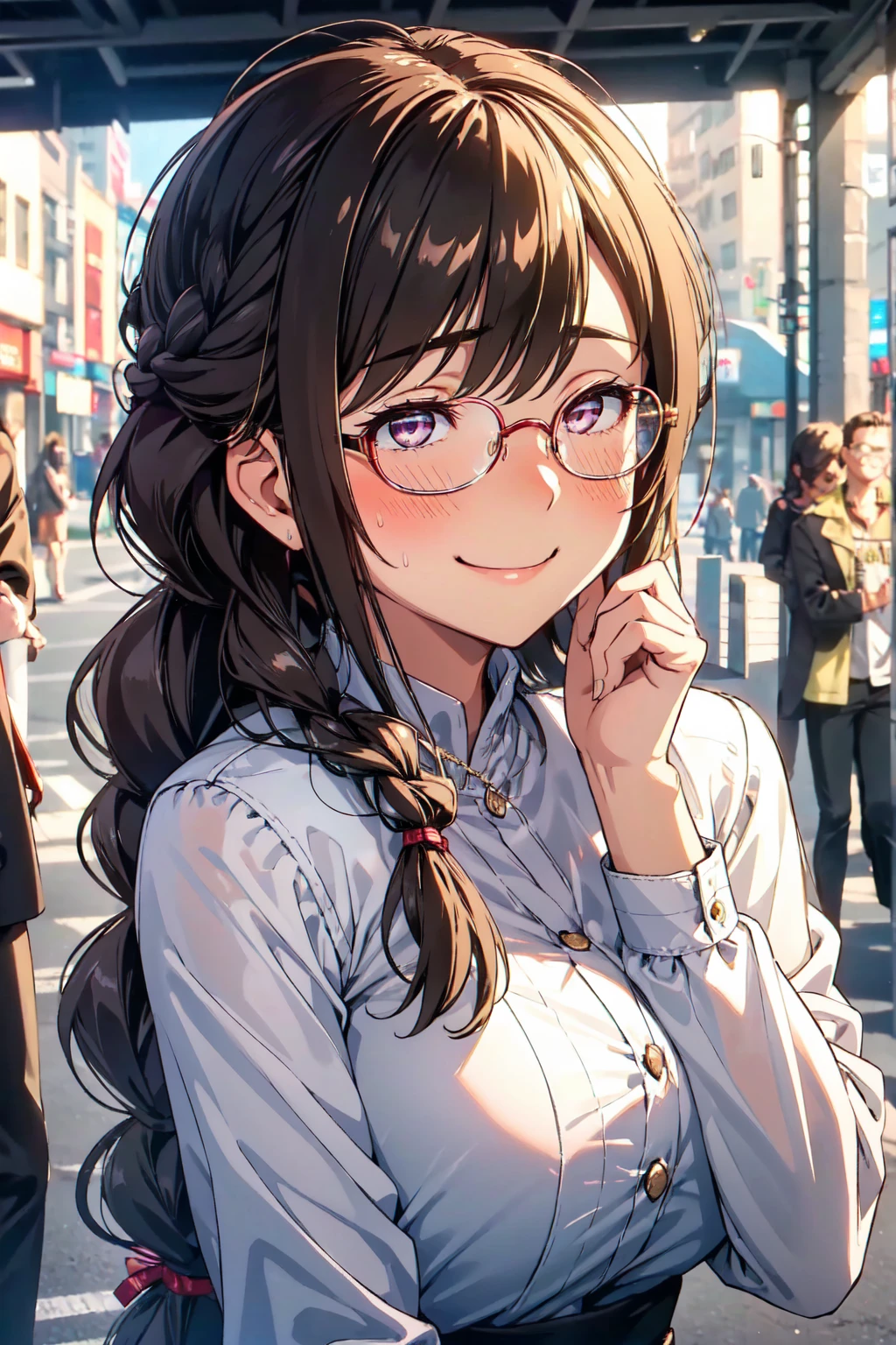 (high quality, High resolution, The finer details), Sidewalk, Side view, alone, girl, Braided Hair, , Sparkling eyes, (large round frame glasses), (Fine grain), big breasts, ((A kind smile)), blush, Sweat, Oily skin, (Focus plane), Shallow depth of field