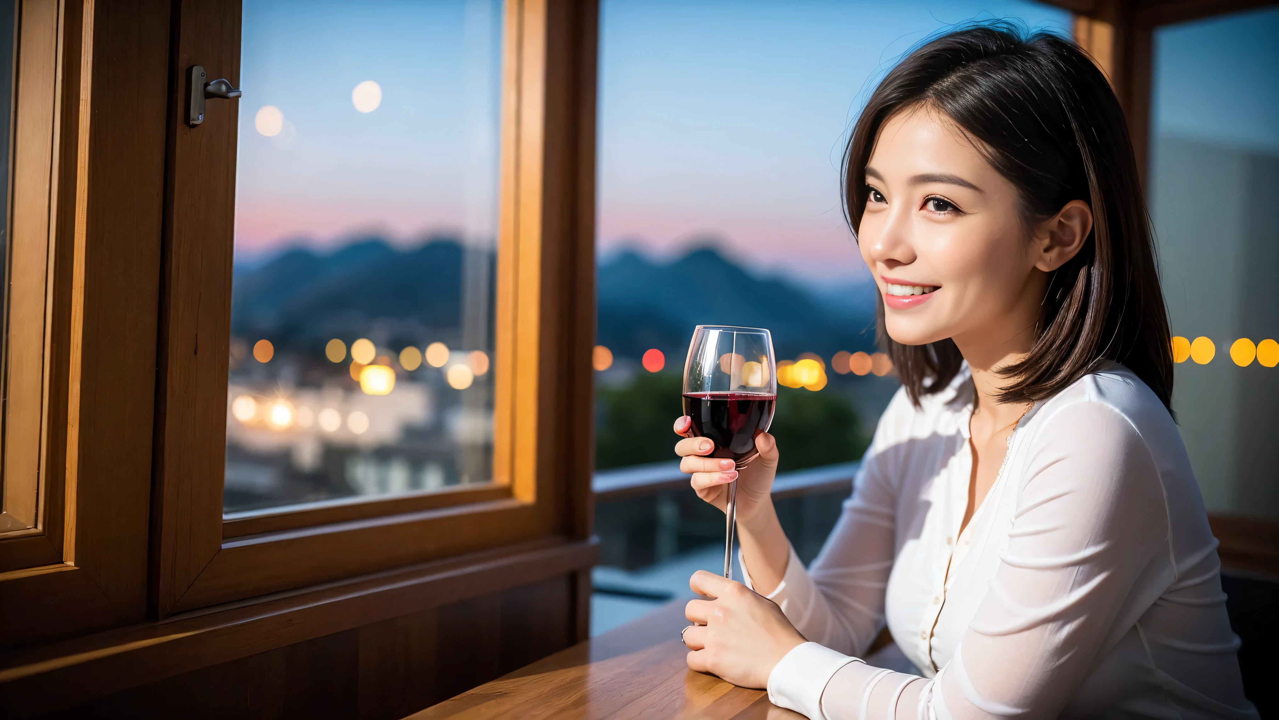((highest quality、8k、masterpiece:1.3))、Sharp focus:1.2、Beautiful woman perfect body:1.4、Slim body、((Bob Hale、Straight hair:1.2))、(to be born, highest quality, masterpiece:1.5), (Realistic, Intricate details:1.2), Ultra-high resolution, Spectacular view of the sunset sky and clouds、Amazing mountain views、A bright smile、A lovely woman with a smile、Bright image、2. Wine Beauties, Beautiful Face, blue eyes, The light shines on your face, Blushing, short hair,Bright face、Fox face、 (36 years old), 39 years old, Lady、red wine 、hors d'oeuvre、Italian food、wine bottle、Champagne、sparkling wine、two beauties、brown hair、Shortcuts、Long sleeve shirt、dress、Pretty Woman 1, (slim face), (The body is slim), (brown hair), (Shortcuts), cheeks turn a little red,charming beauty、, Out of the window, A beautiful and detailed night view unfolds.........., restaurant, In a prominent place (From the waist up) nova frog style, actress, model, Upper Body, White wine, slim, wine glass, wine glass placed in the middle, smile, (smile: 1.15), Beautiful fine grain, Depth f/2,saturation, High Contrast, Strong light and shadow,Moist Body:1.5、3D texture、Delicate eyes、brown hair、The hair is very shiny、