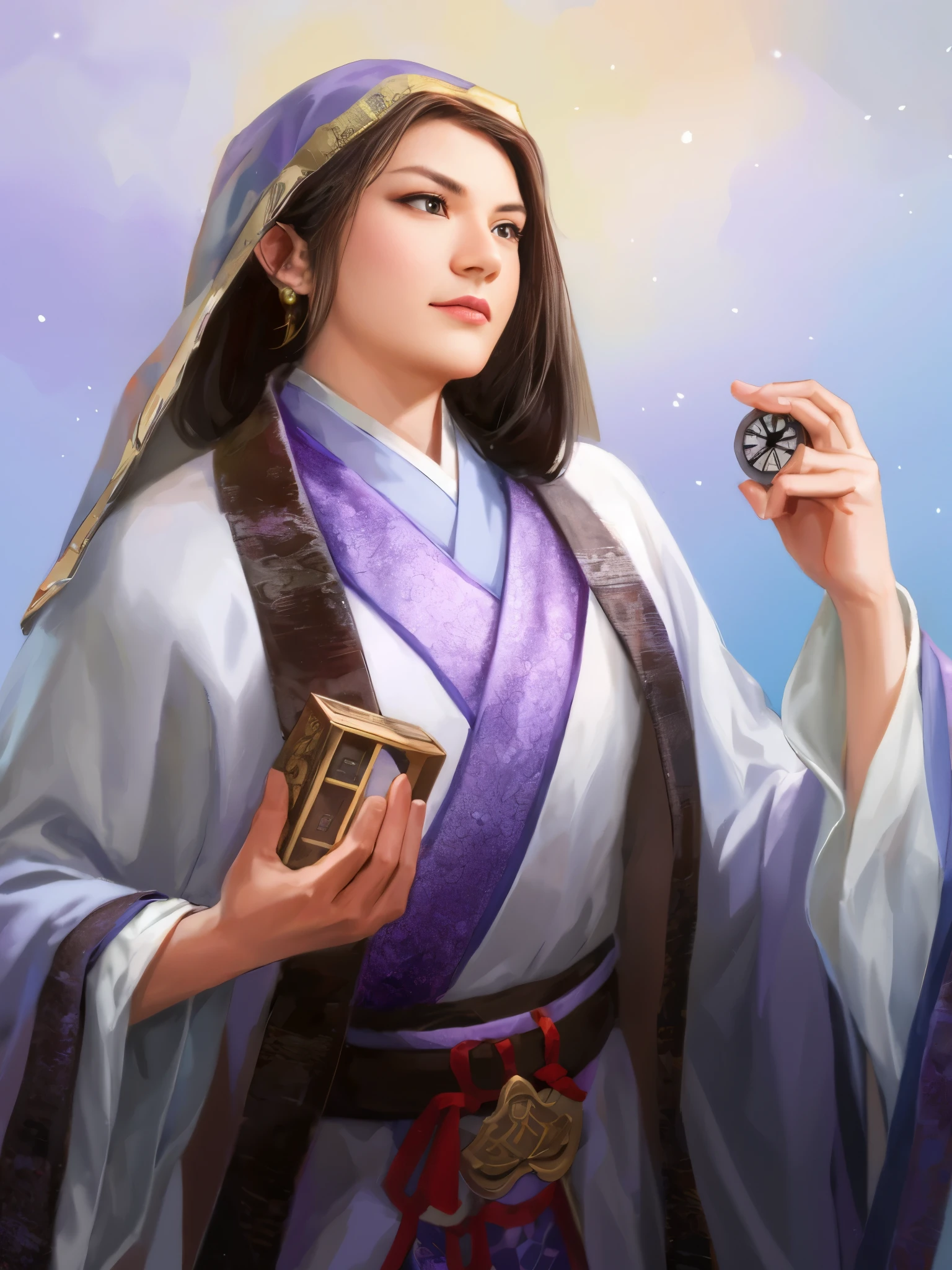 Arav woman in purple robe holding a small clock, Portrait of a female mage, Inspired by Wu Li, inspired by Cao Zhibai, Inspired by Lu Ji, inspired by Fan Kuan, Inspired by Ju Lian, Inspired by Zhou Fang, Beautiful Celestial Mage, Inspired by Qiu Ying, Inspired by trees