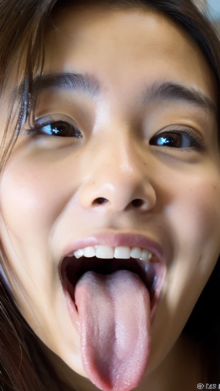 Japanese woman, beautiful girl, baby face, highest quality realistic skin, eyes in focus, 20 years old, sticking out tongue, focus on mouth, open mouth, long tongue, saliva, open mouth wide, inside of mouth visible, open mouth and sticking out tongue, realistic tongue