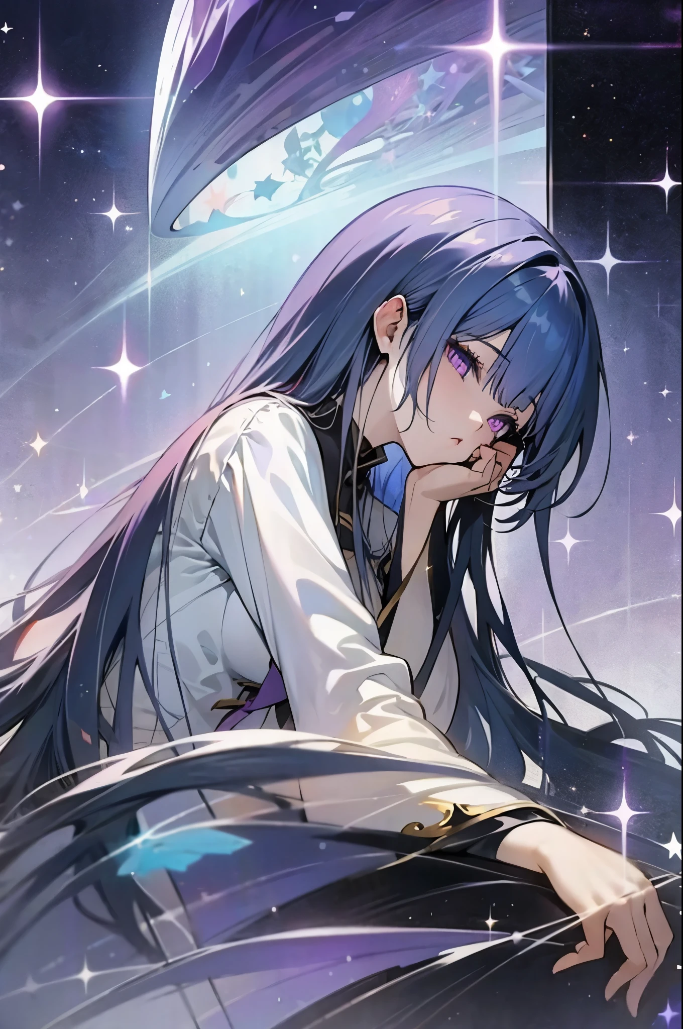 anime girl, long black hair, purple eyes, beautiful, fantasy, wearing academy uniform, surrounded in starlight, novel cover