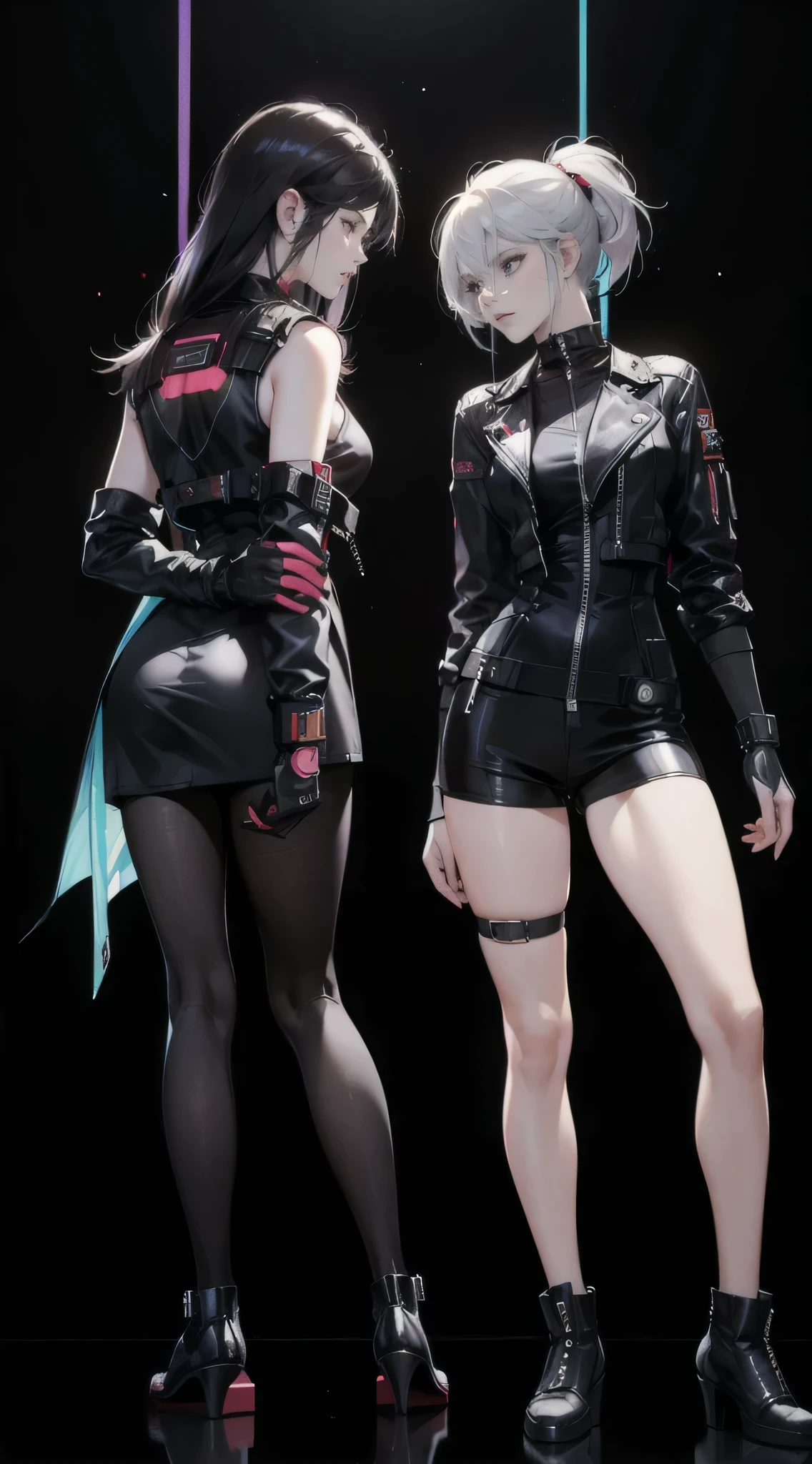 there are two women in black and red outfits standing next to each other, cyber universe style, in cyber punk 2077, cyberpunk))))), dressed in crustpunk clothing, wearing space techwear, imvu, cyberpunk outfit, diselpunk, cyberpunk outfits, 2b, 2 b, cyber style, full_body!!, cyber punk setting