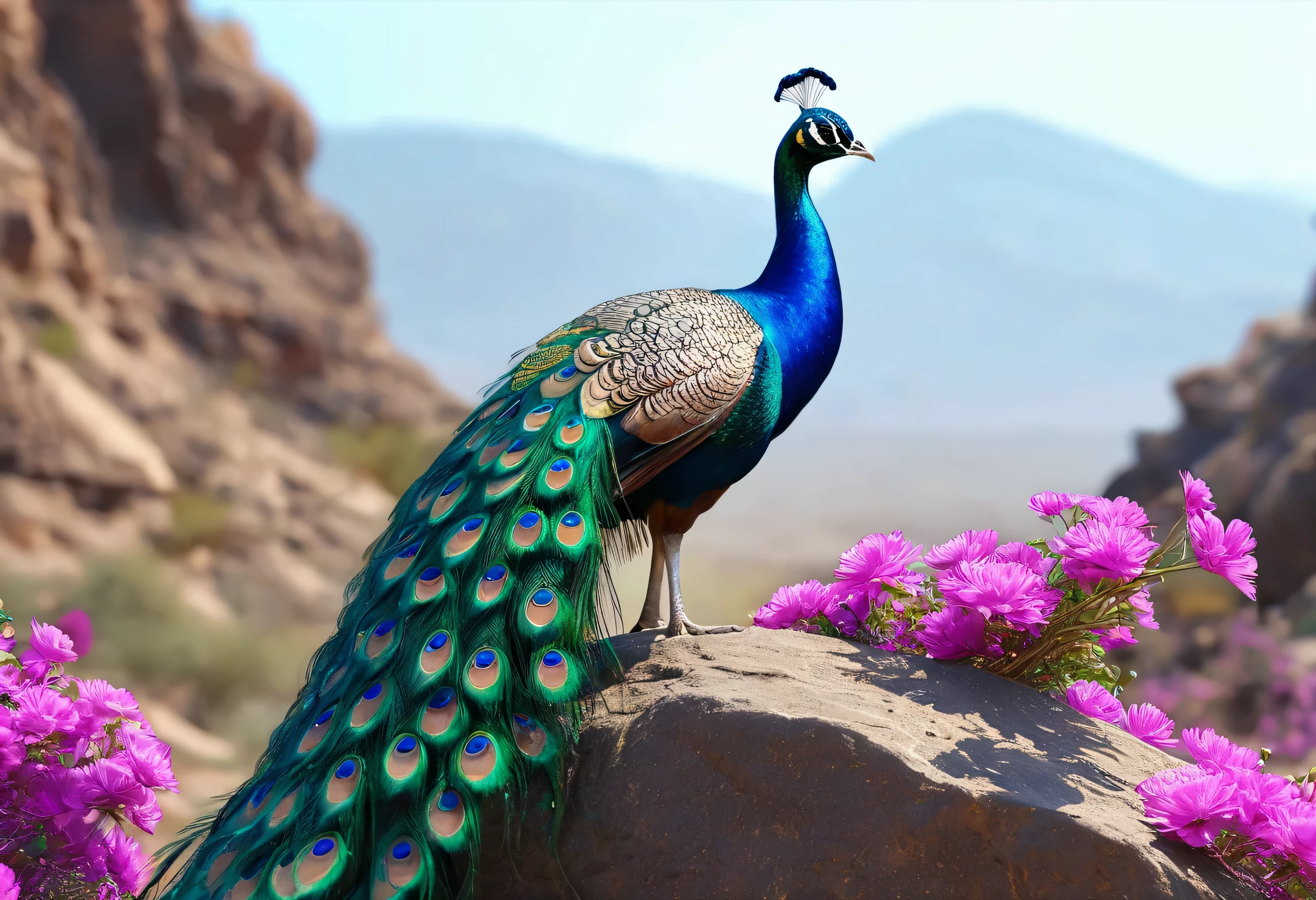 A peacock standing on a rock with flowers in the background, Beautiful digital artwork, 4k Highly detailed digital art, 8k high quality detailed art, Highly detailed digital art, Beautiful art UHD 4K, Highly detailed digital artwork, Highly detailed digital painting, Desert peacock, Beautiful digital art, Highly detailed art in 4K, 8K Highly Detailed Art